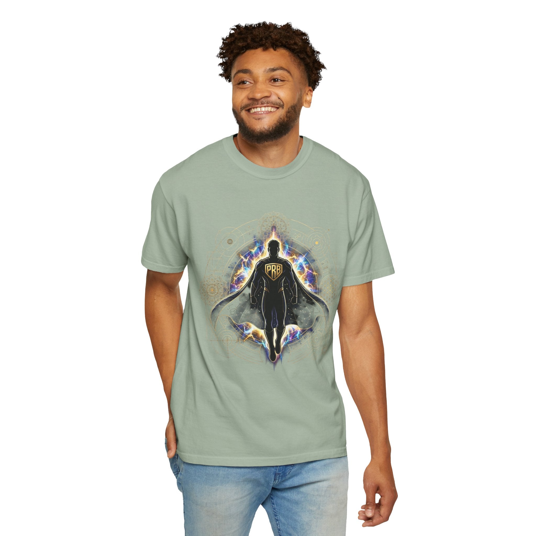 PRB Mystic Cloaked Hero Graphic T-Shirt | Cosmic Aura Geometric Streetwear Tee by Printify