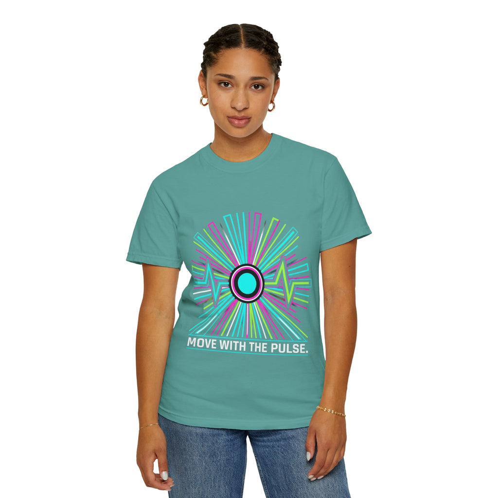 Power Runs Black PRB Electric "Move With Pulse" Graphic T-Shirt — Neon Sunburst Design by Power Runs Black