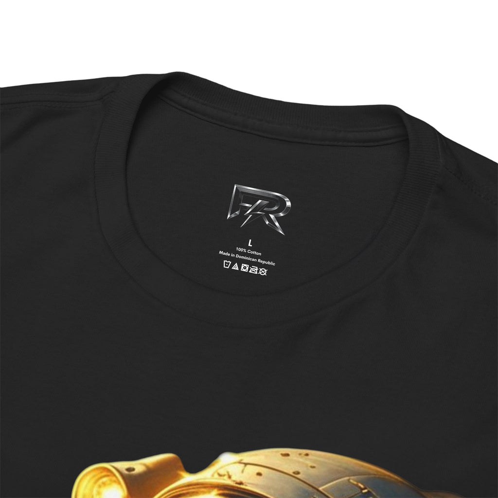 Power Runs Black PRB Golden Astronaut Portrait T-Shirt | Space Helmet Art, Cosmic Lights by Printify