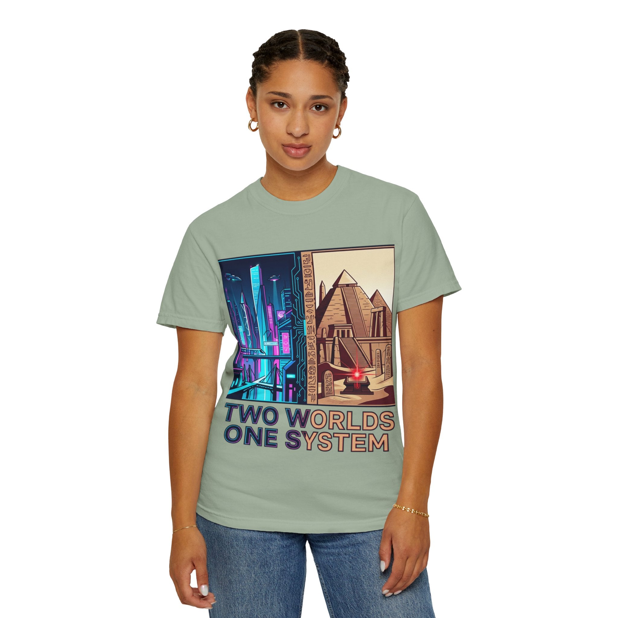 Power Runs Black PRB Blue Technopolis/ Red Dominion Two Worlds One System T-Shirt by Power Runs Black
