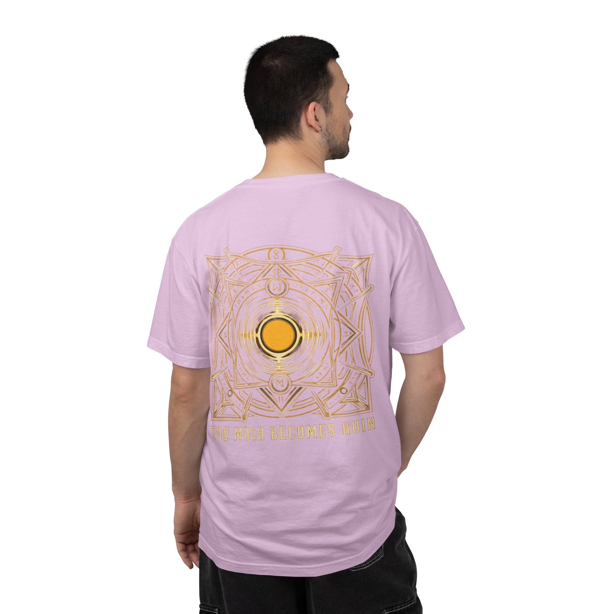 Power Runs Black PRB — Veyra Kain Geometric Sigil Tee with “Too Much Becomes Ruin” Graphic T-Shirt by Printify