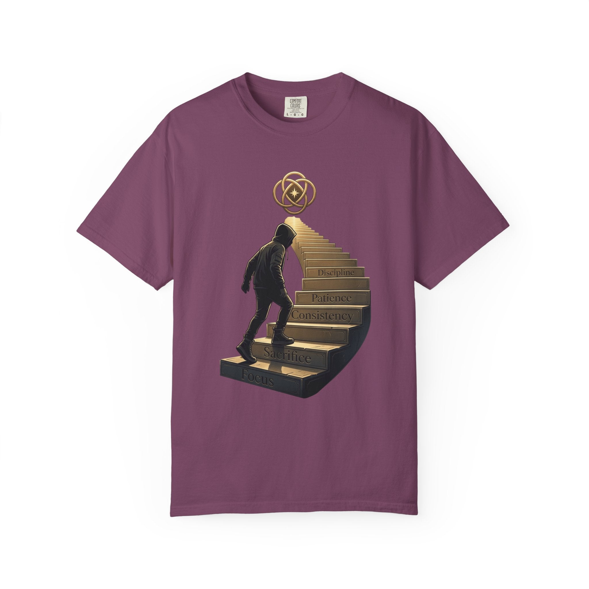 Printify PRB Stairway of Growth T-Shirt | Person Ascending Steps with Symbols - T-Shirt