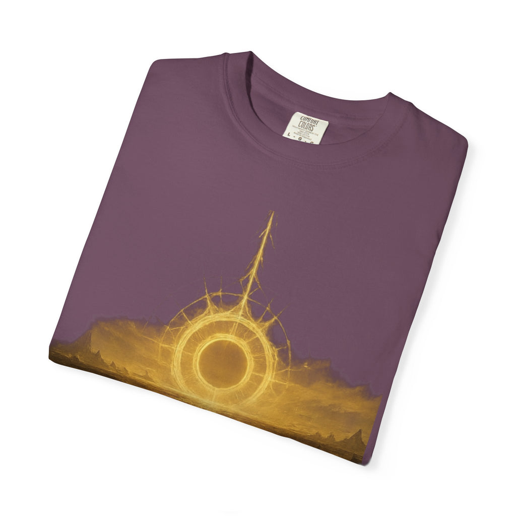 Power Runs Black PRB Golden Eclipse Portal T-shirt | Fantasy Landscape, Mystic Ring, Tower Art by Power Runs Black