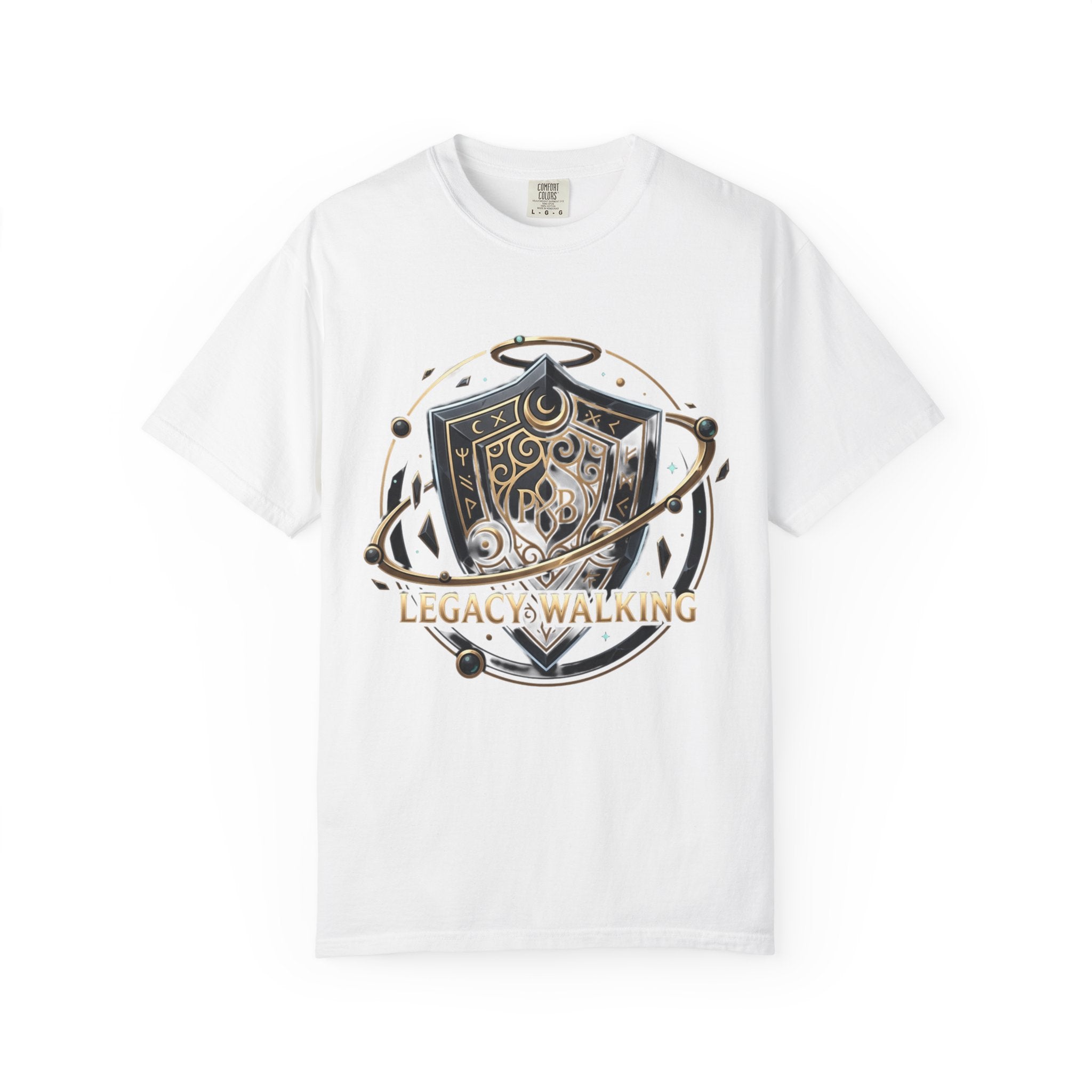 Legacy Walking Shield Graphic T-Shirt | Fantasy Crest Emblem Tee by Printify