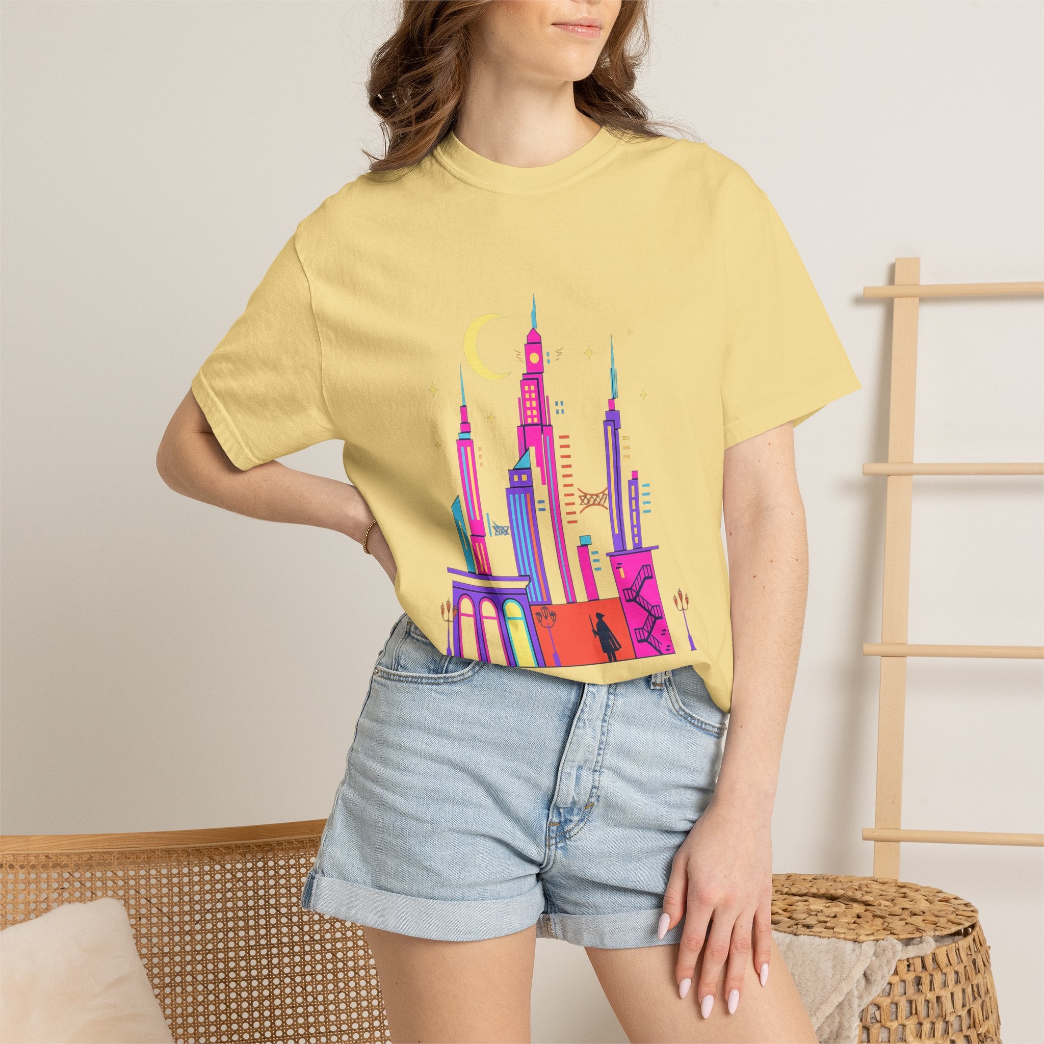 Power Runs Black PRB Neon City Skyline T-shirt | Vibrant Urban Nightscape Tee by Printify