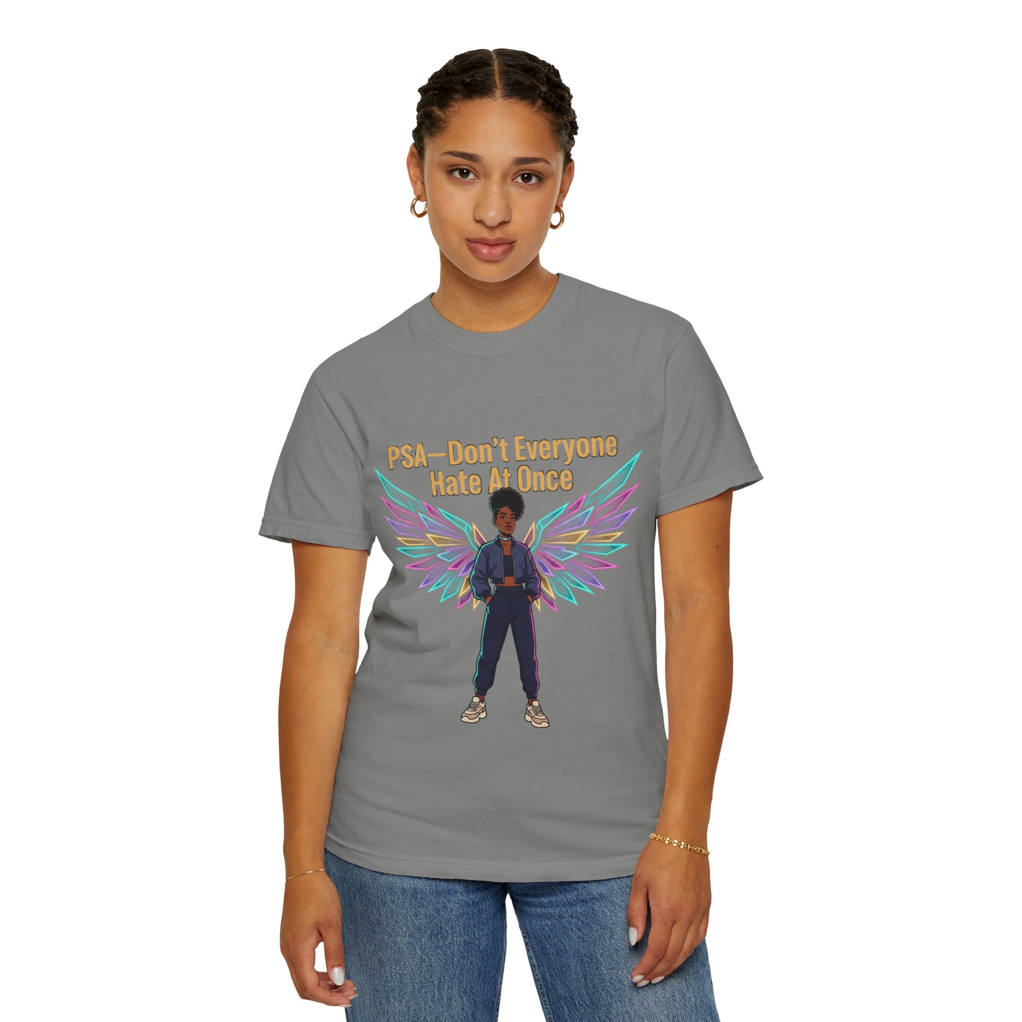 T-Shirt — PSA “Don't Everyone Hate At Once” Angel Wings Graphic Tee by Printify