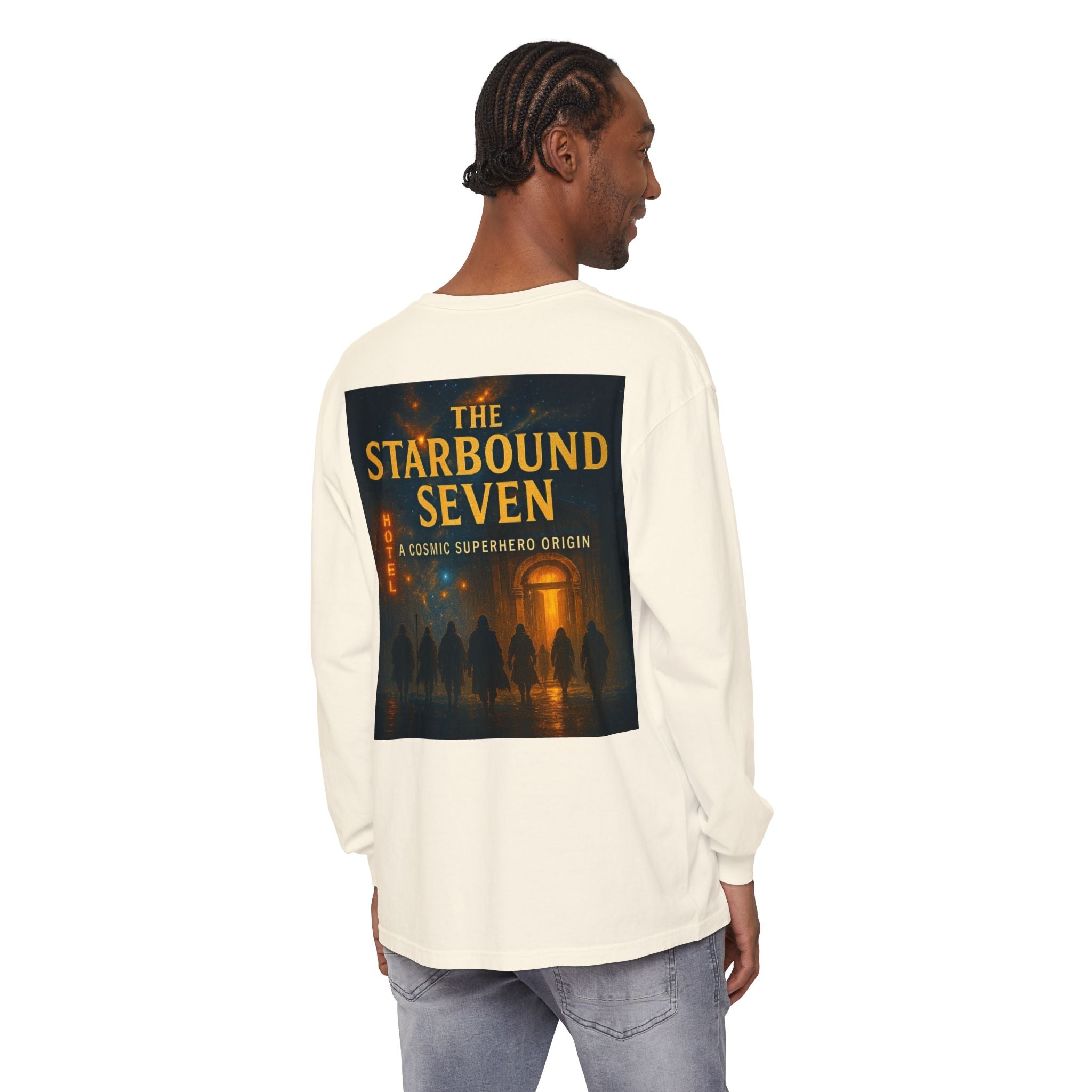 PRB The Starbound Seven graphic long sleeve shirt | cosmic superhero poster by Power Runs Black