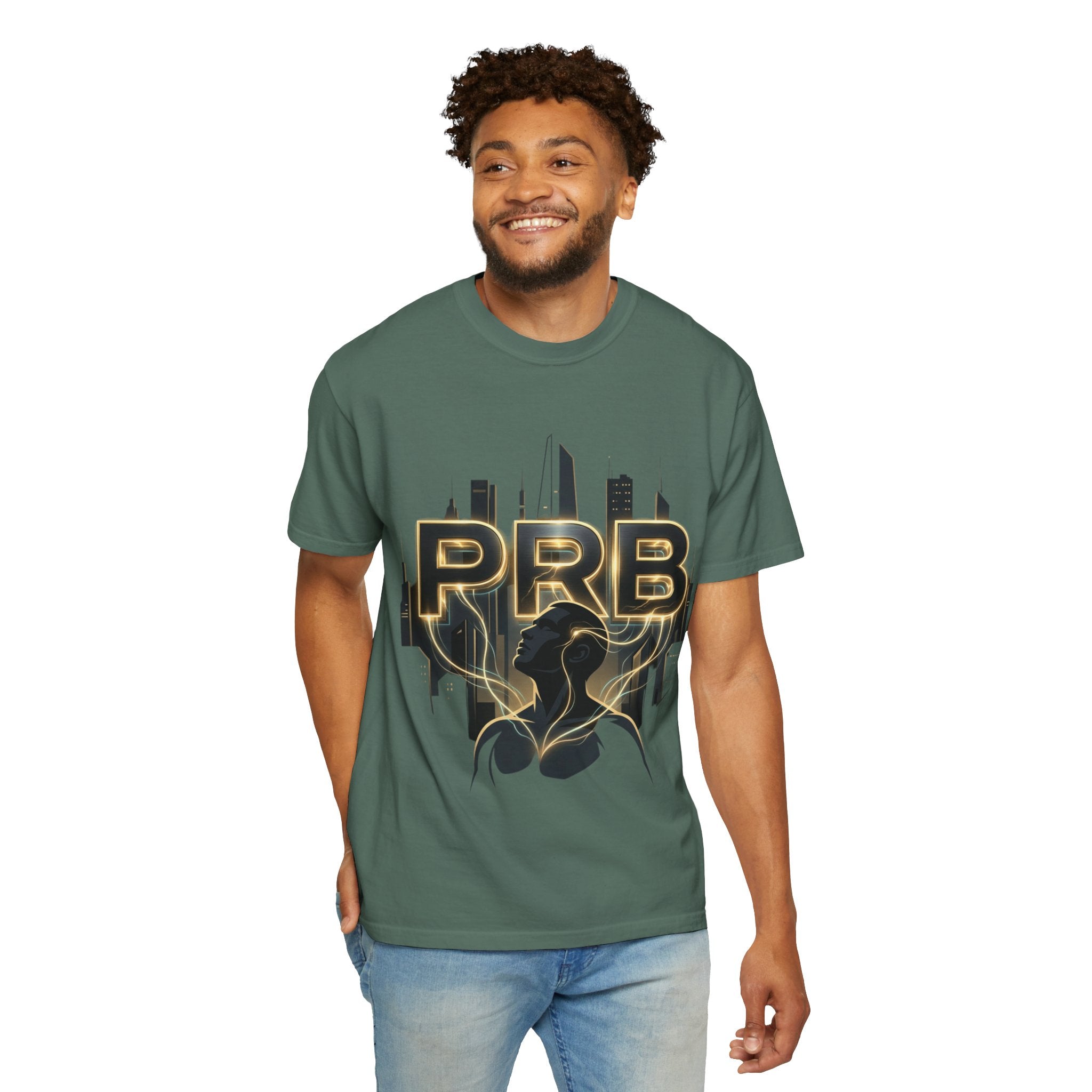 PRB Cityscape Graphic T-Shirt | Black & Gold Urban Streetwear Tee by Printify