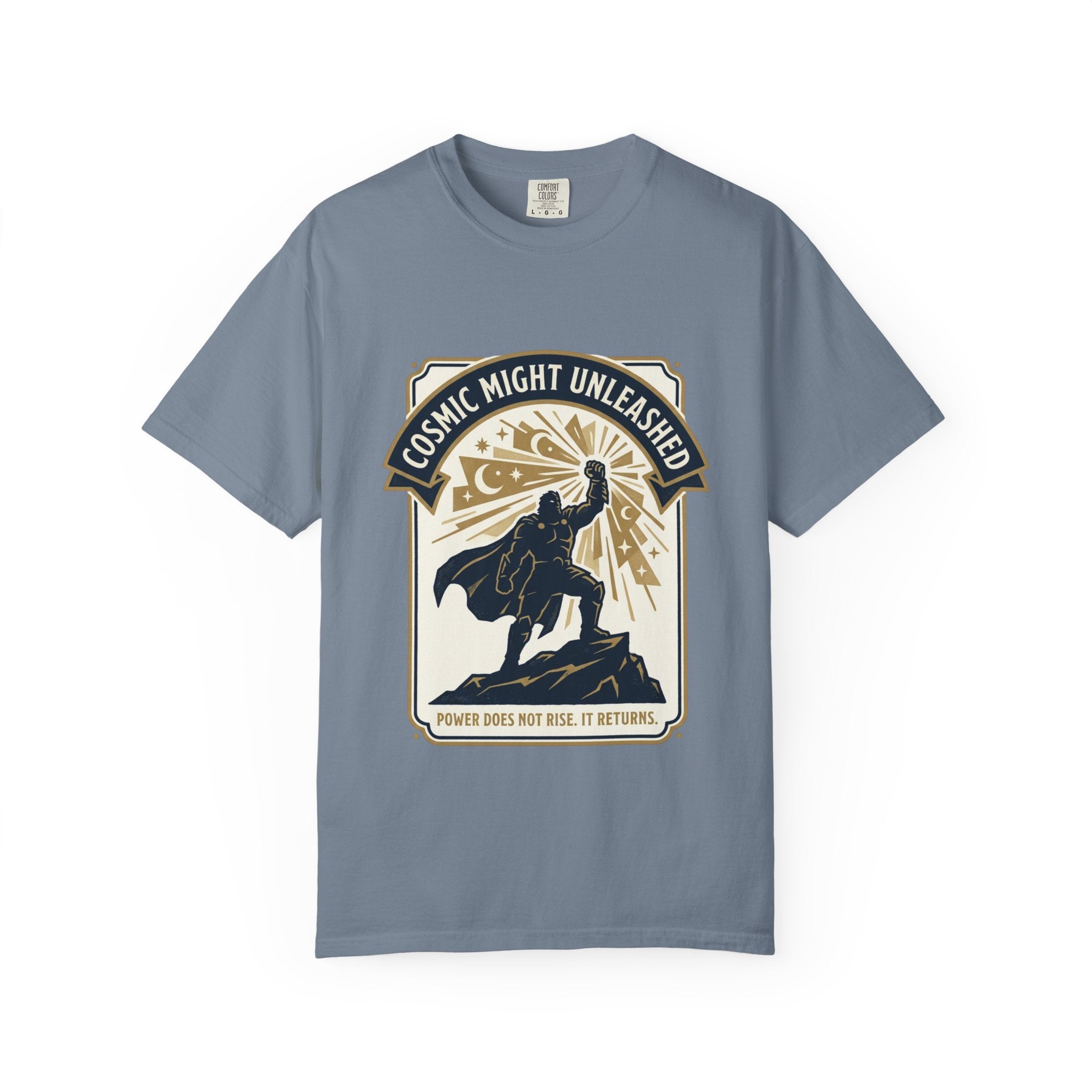 PRB Starforged Flex Cosmic Might Unleashed T-Shirt — Retro Superhero Space Graphic ('Power Does Not Rise, It Returns') by Power Runs Black