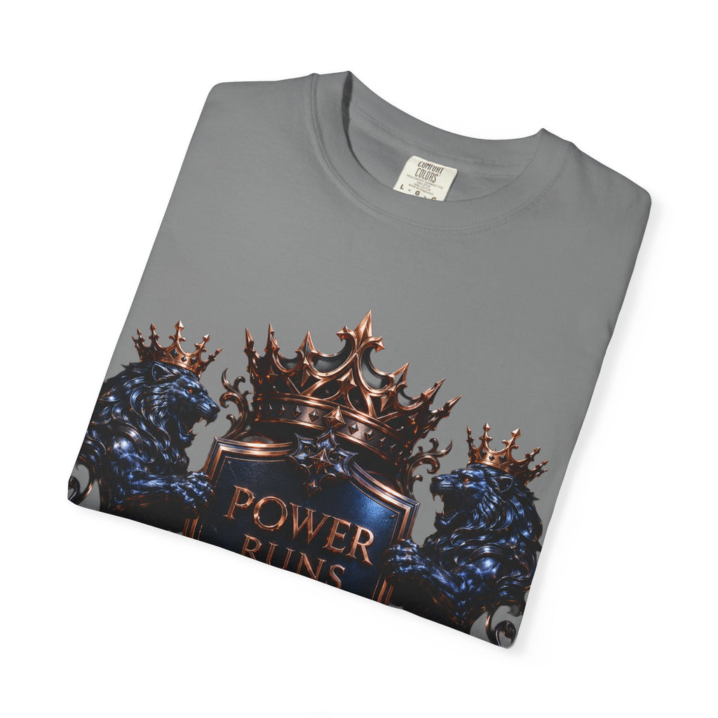 Power Runs Black Crest T-shirt | Heraldic Lion Shield Tee by Power Runs Black