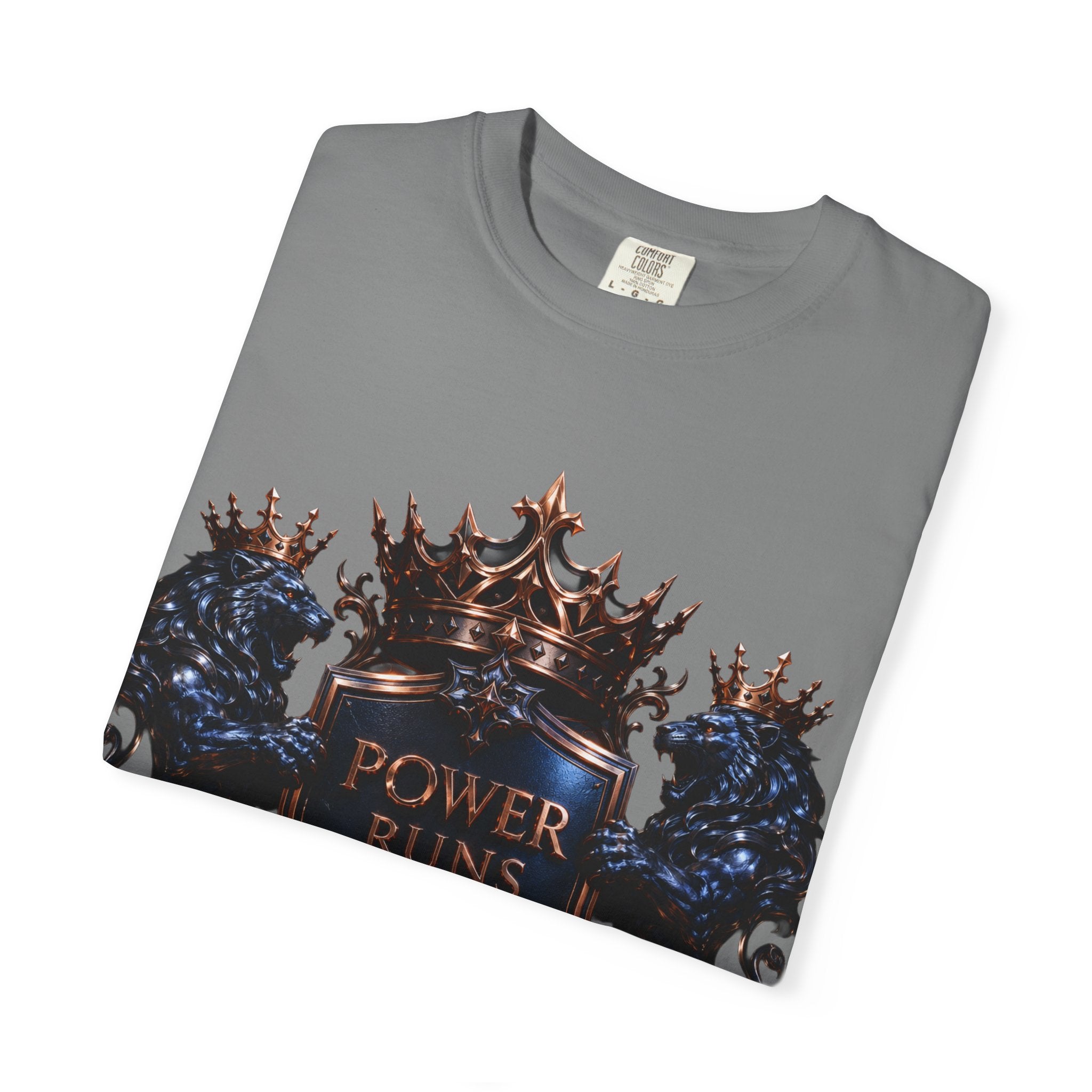 Power Runs Black Crest T-shirt | Heraldic Lion Shield Tee by Power Runs Black