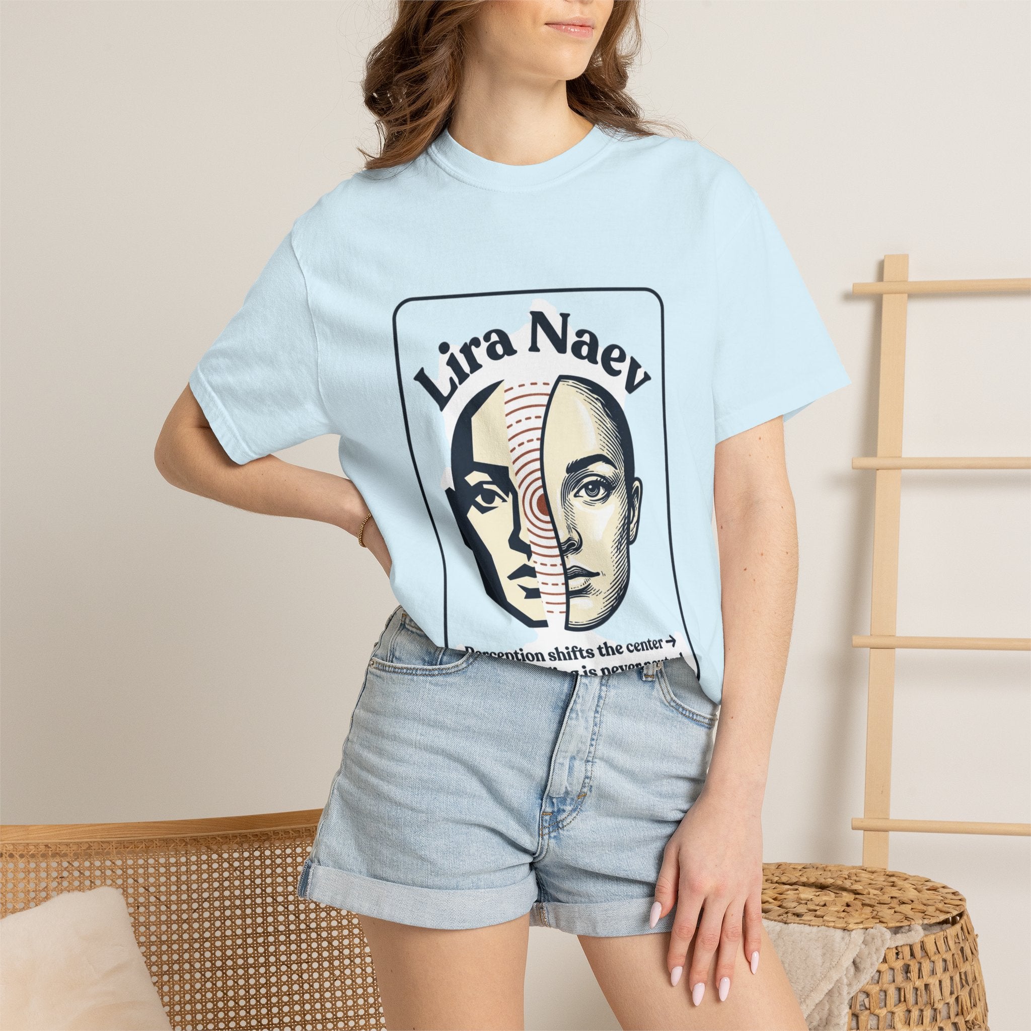 Power Runs Black PRB Lira Naev Split-Face Graphic T-Shirt — “Perception shifts the center” Statement Tee by Printify