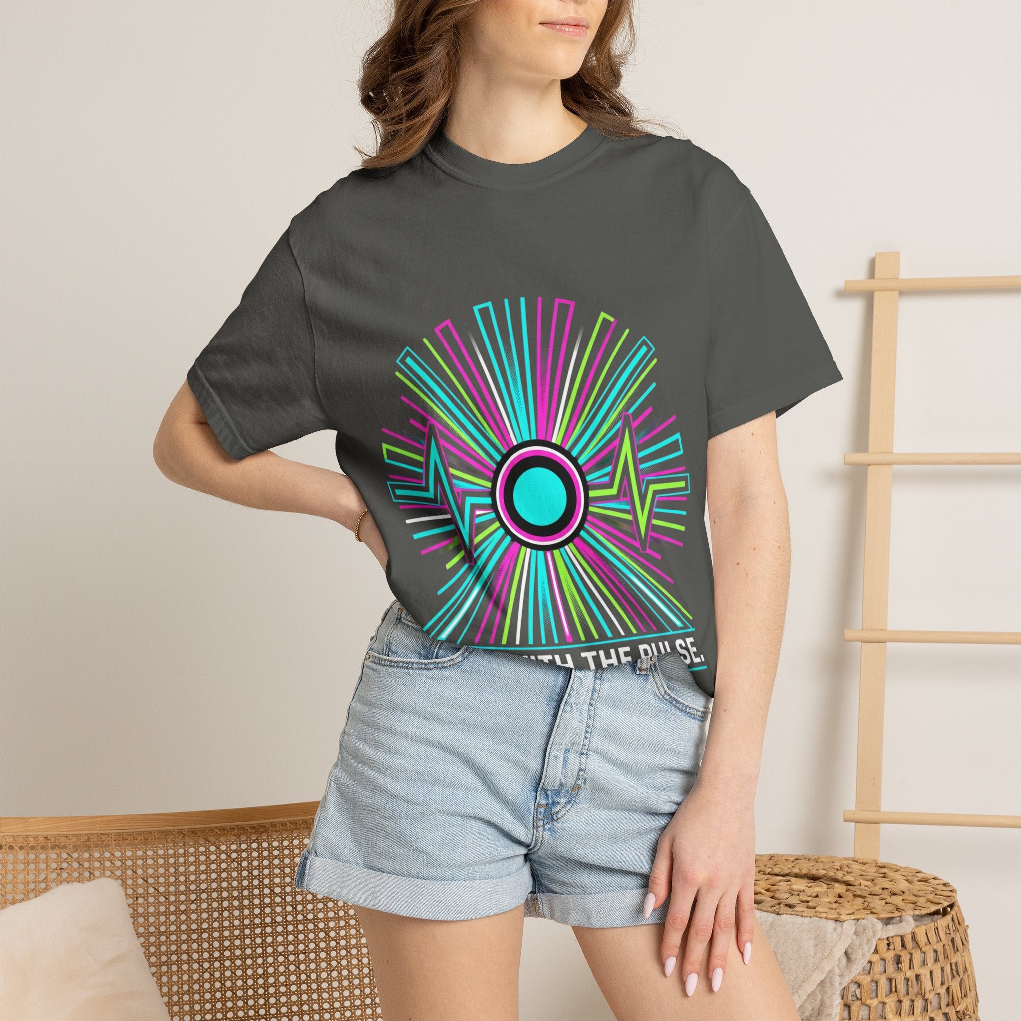 Power Runs Black PRB Electric "Move With Pulse" Graphic T-Shirt — Neon Sunburst Design by Printify