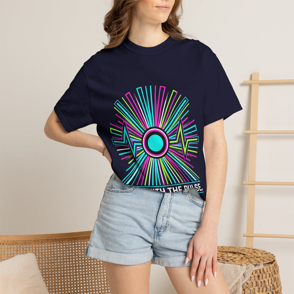 Power Runs Black PRB Electric "Move With Pulse" Graphic T-Shirt — Neon Sunburst Design by Printify