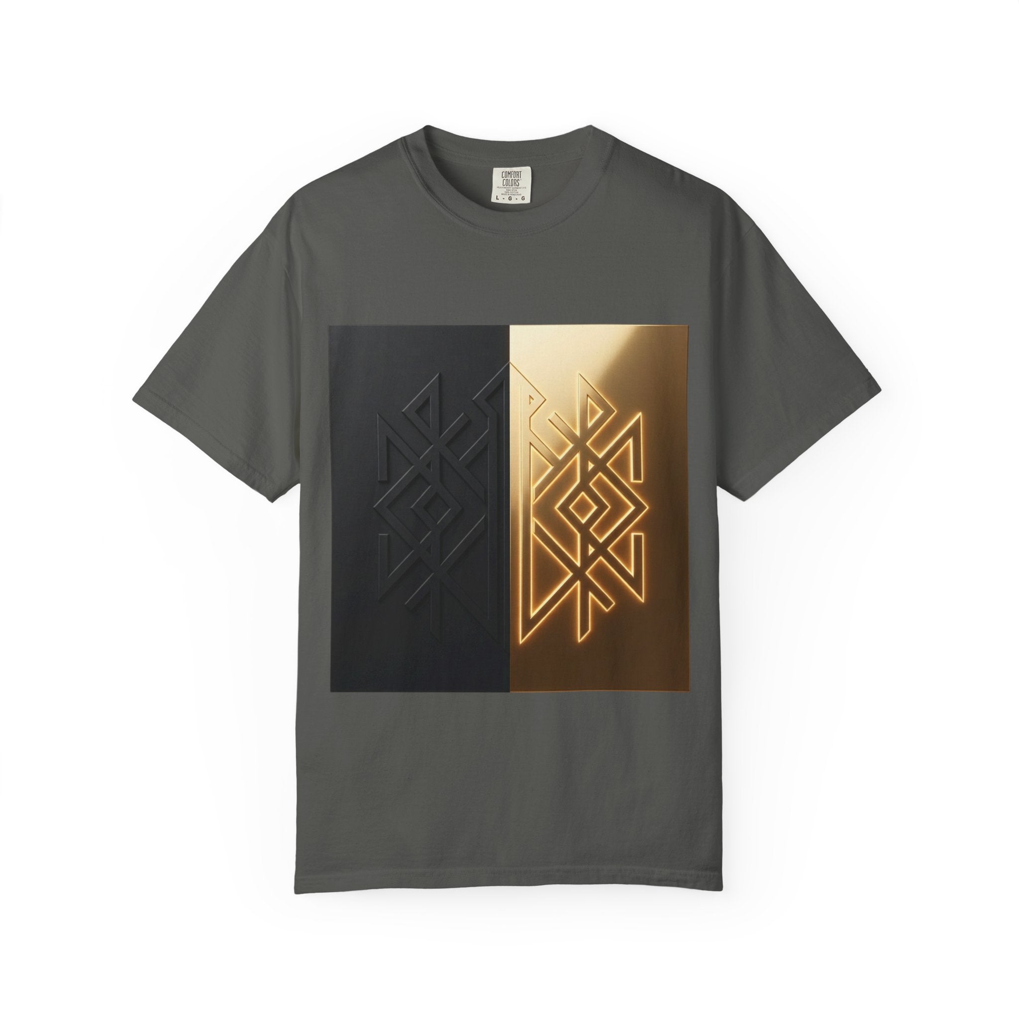 Power Runs Black PRB Geometric Split Glow T-Shirt — Black & Gold Tribal Diamond Graphic by Power Runs Black