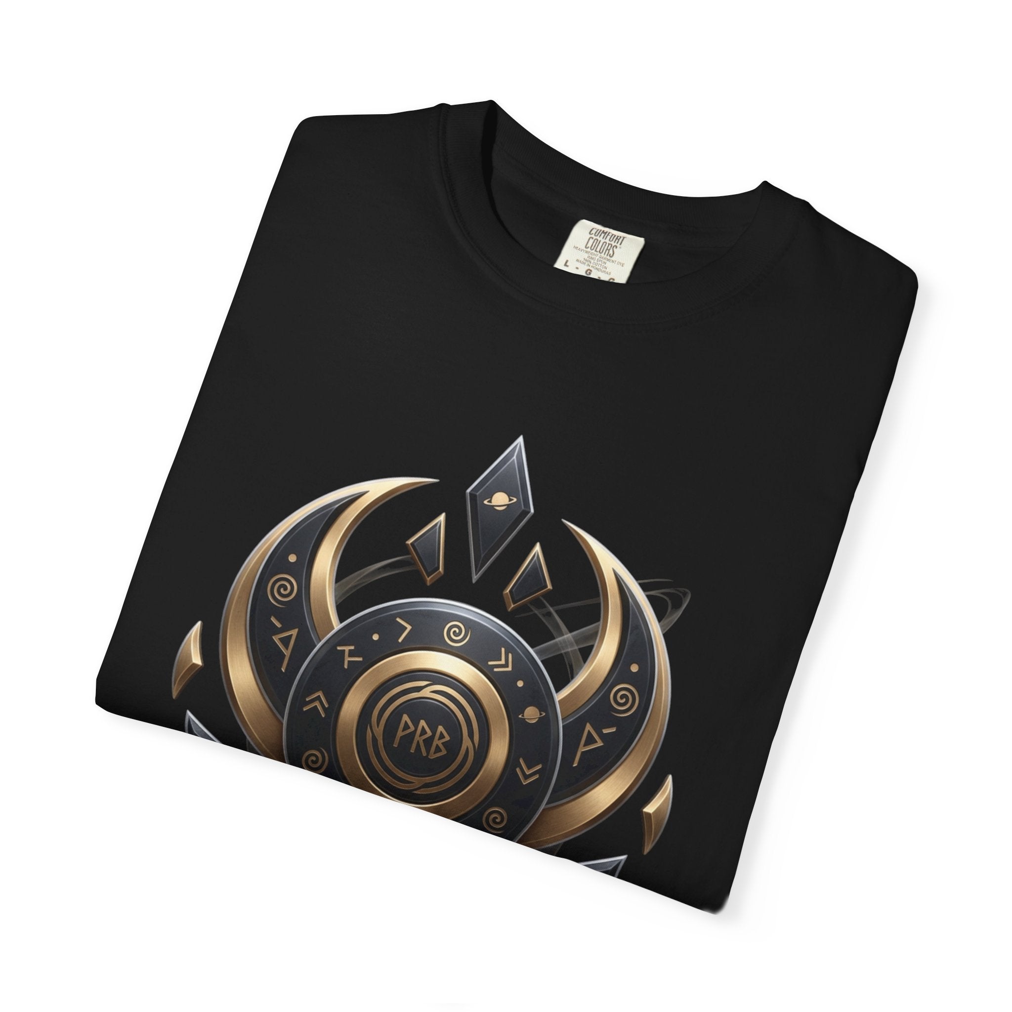 Power Runs Black Mystic Compass Disc T-Shirt — Geometric Gold & Black Emblem Tee by Printify