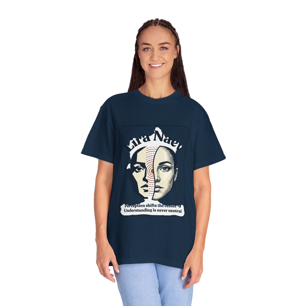 Power Runs Black PRB Lira Naev Split-Face Graphic T-Shirt — “Perception shifts the center” Statement Tee by Power Runs Black