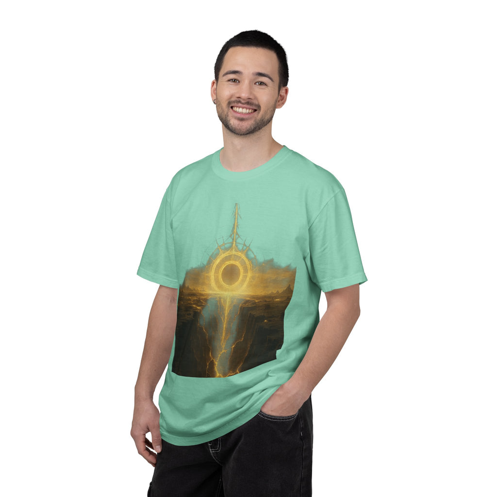 Power Runs Black PRB Golden Eclipse Portal T-shirt | Fantasy Landscape, Mystic Ring, Tower Art by Power Runs Black