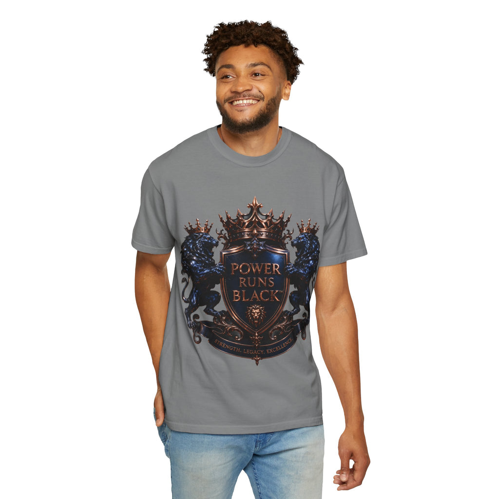 Power Runs Black Crest T-shirt | Heraldic Lion Shield Tee by Power Runs Black