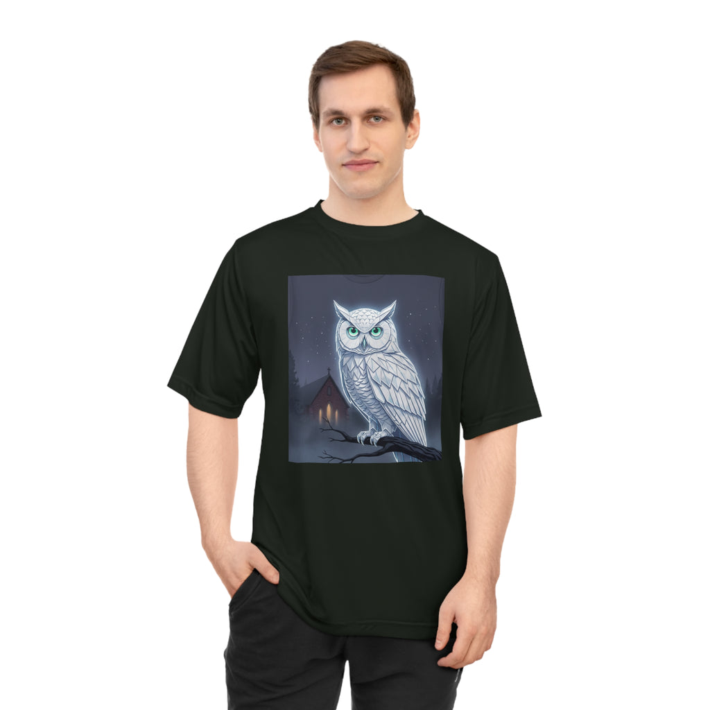 PRB White Snowy Owl Illustration T-shirt | Moonlit Night, Cabin Scene by Power Runs Black