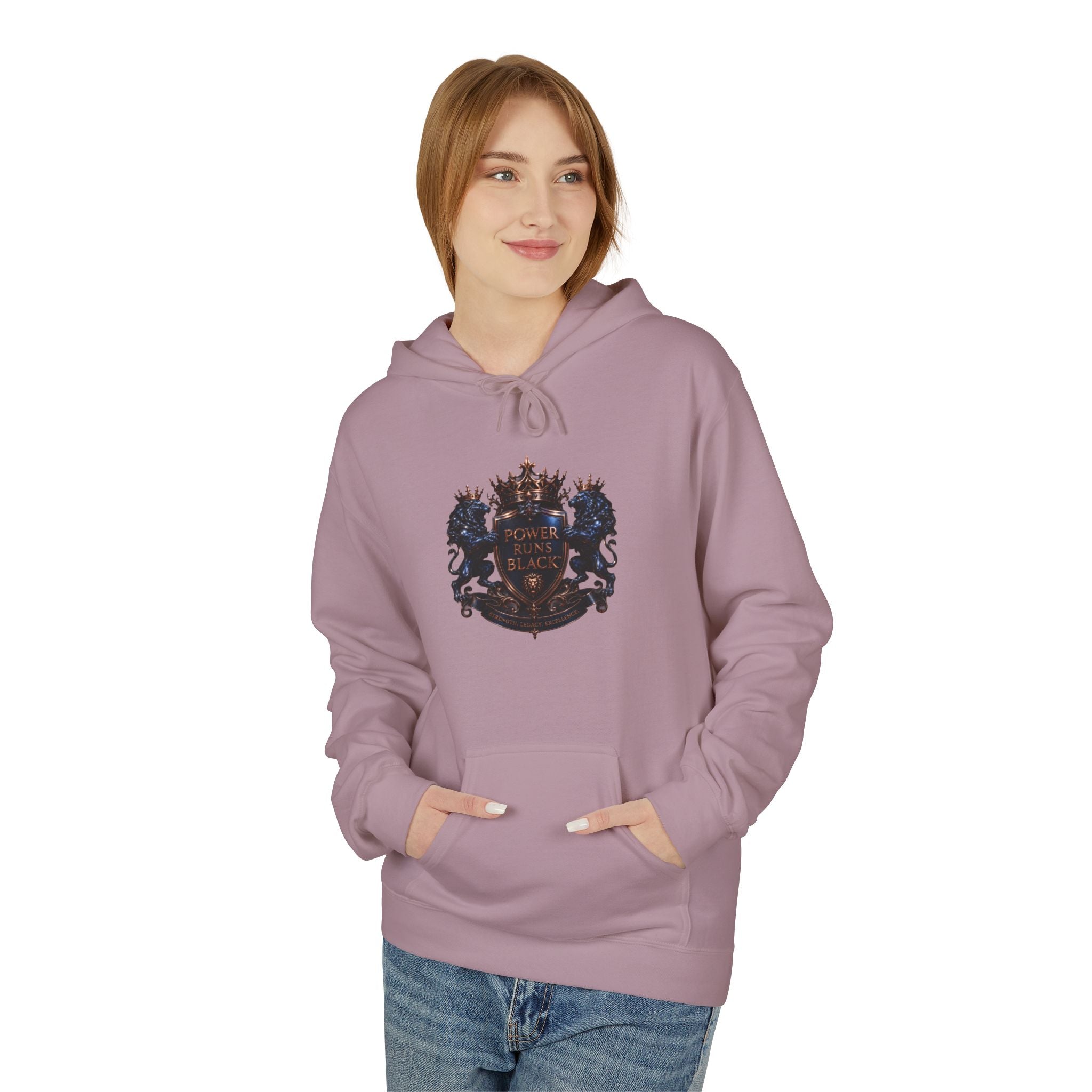 Power Runs Black crest hoodie | medieval shield with lions and wings by Power Runs Black