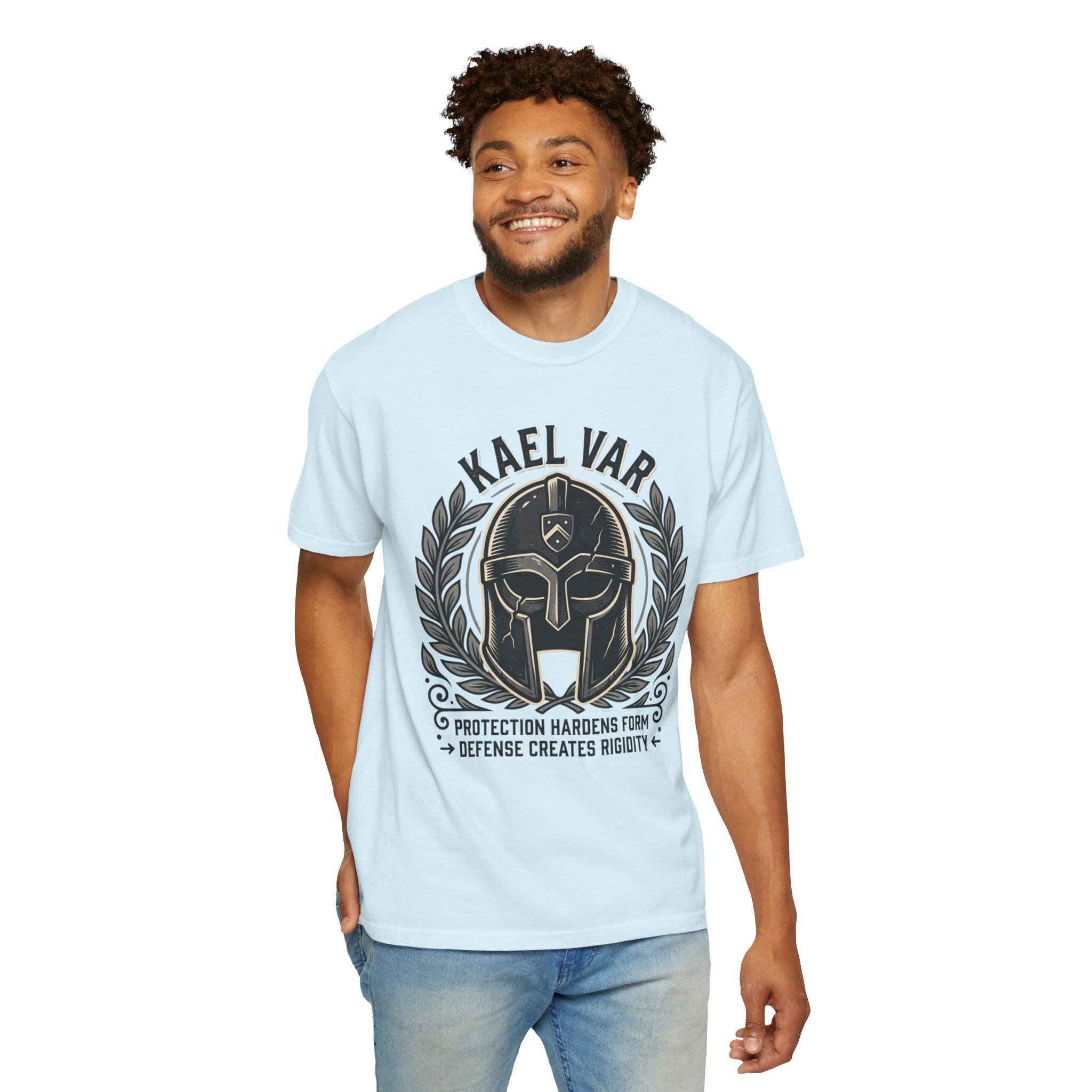 Power Runs Black PRB Kael Var Helmet Graphic T-Shirt — "Protection Hardens Form" Warrior Tee by Printify