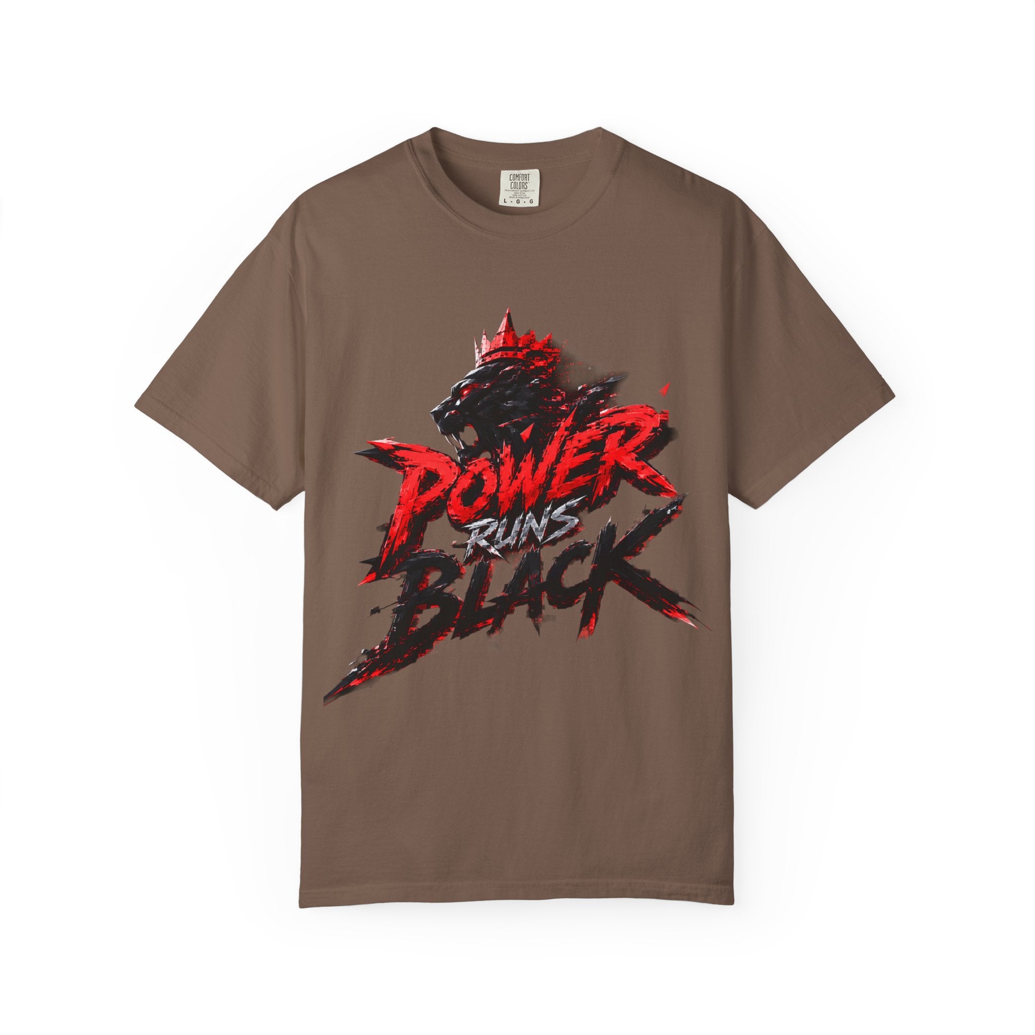 Power Runs Black T-shirt | Wolf Silhouette, Red Black Graphic Tee by Power Runs Black