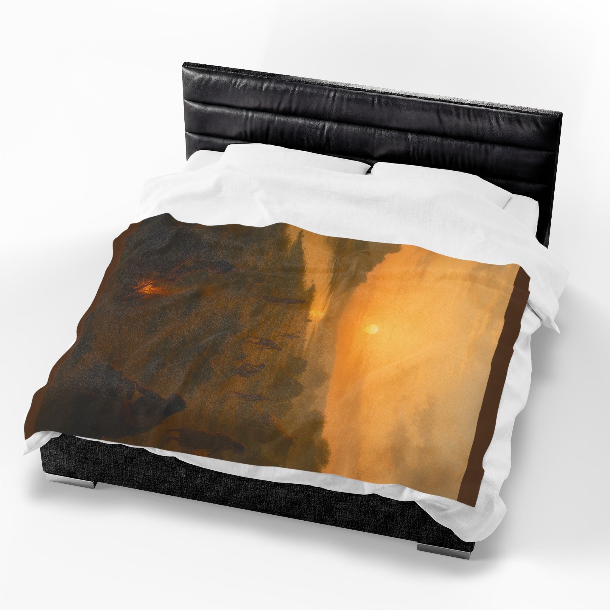 PRB Sunset Campfire Scene Velveteen Plush Blanket | Native Village Landscape by Power Runs Black