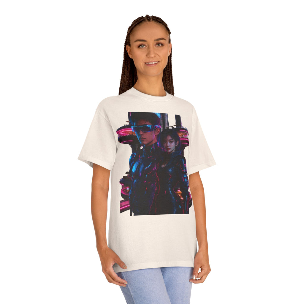 PRB Neon Tokyo Cyberpunk Couple T-Shirt | Futuristic Neon City Illustration by Printify