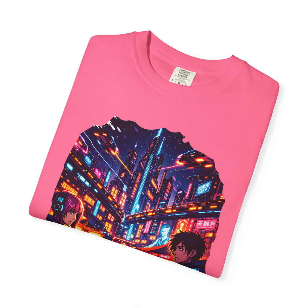 PRB Neon Cyberpunk Cityscape T-shirt | Anime Night Rain Streets by Power Runs Black