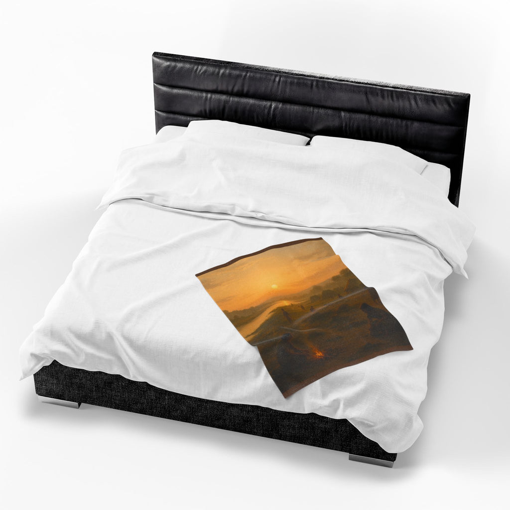 PRB Sunset Campfire Scene Velveteen Plush Blanket | Native Village Landscape by Power Runs Black
