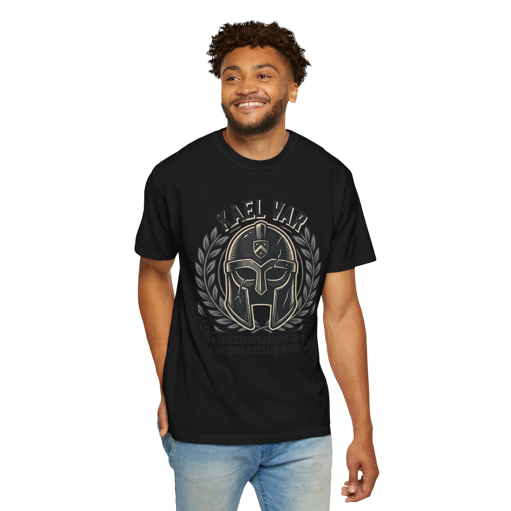 Power Runs Black PRB Kael Var Helmet Graphic T-Shirt — "Protection Hardens Form" Warrior Tee by Printify
