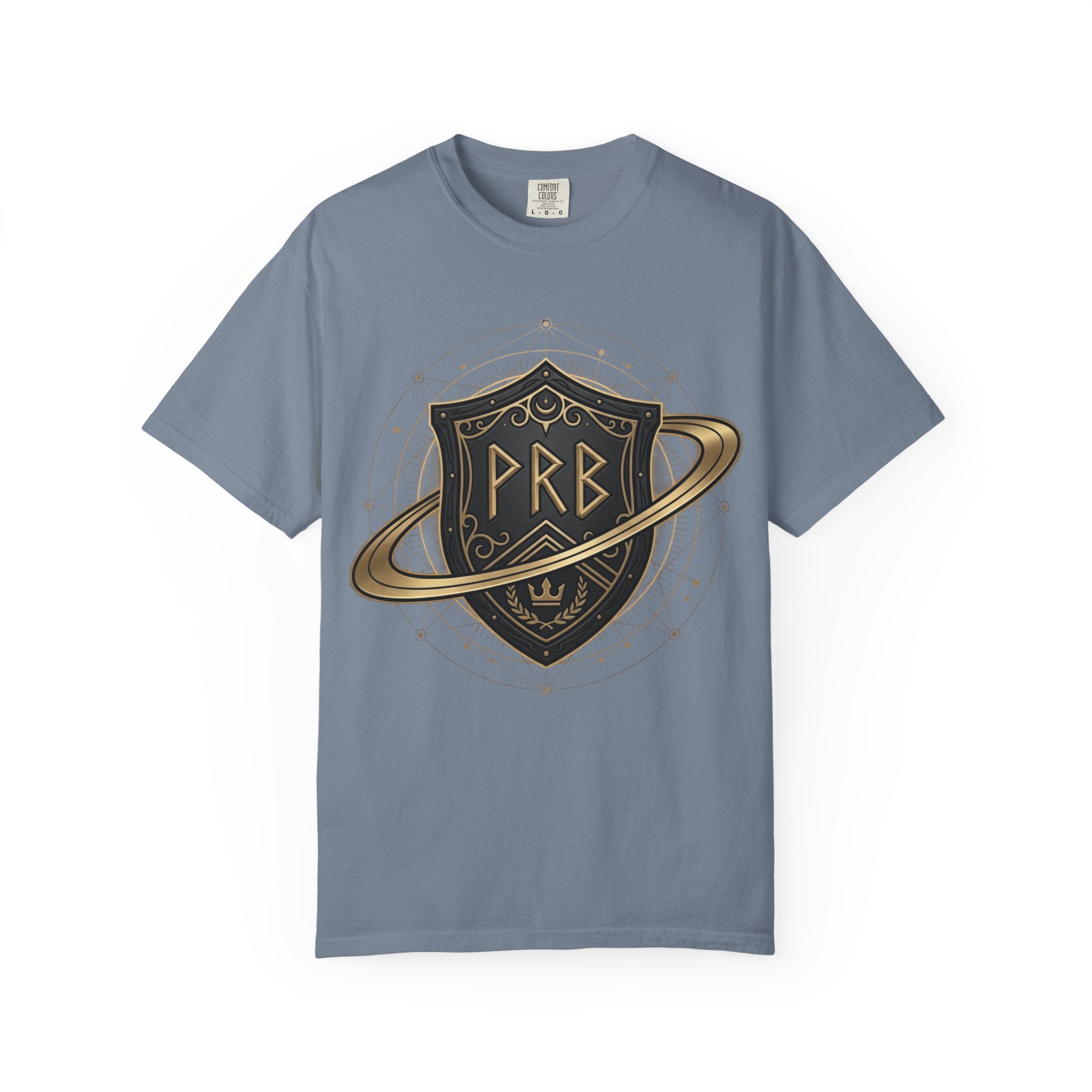 Power Runs Black Astral Crest Shield PRB T-Shirt | Saturn Ring Emblem, Gothic Heraldry by Printify