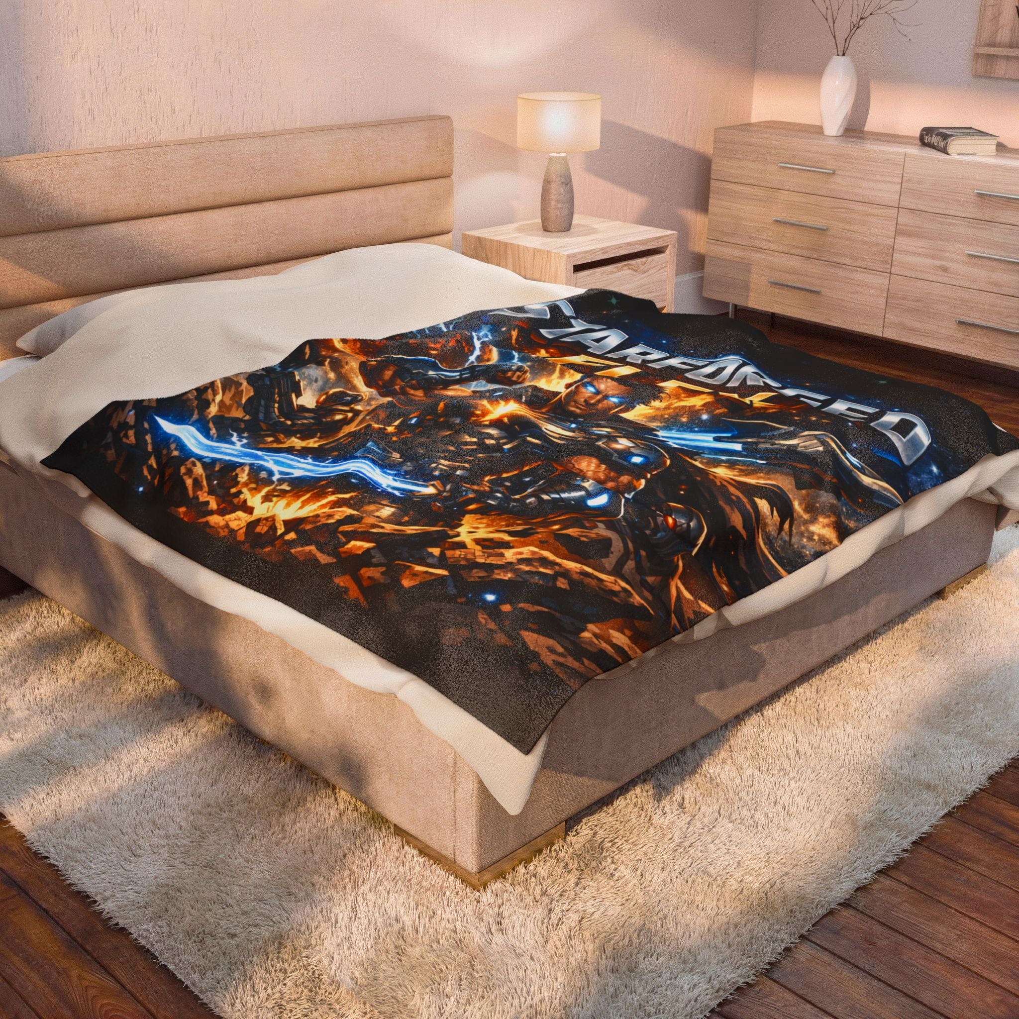 Power Runs Black Starforged Flex Velveteen Plush Blanket — Sci‑Fi Warrior Graphic Throw by Power Runs Black
