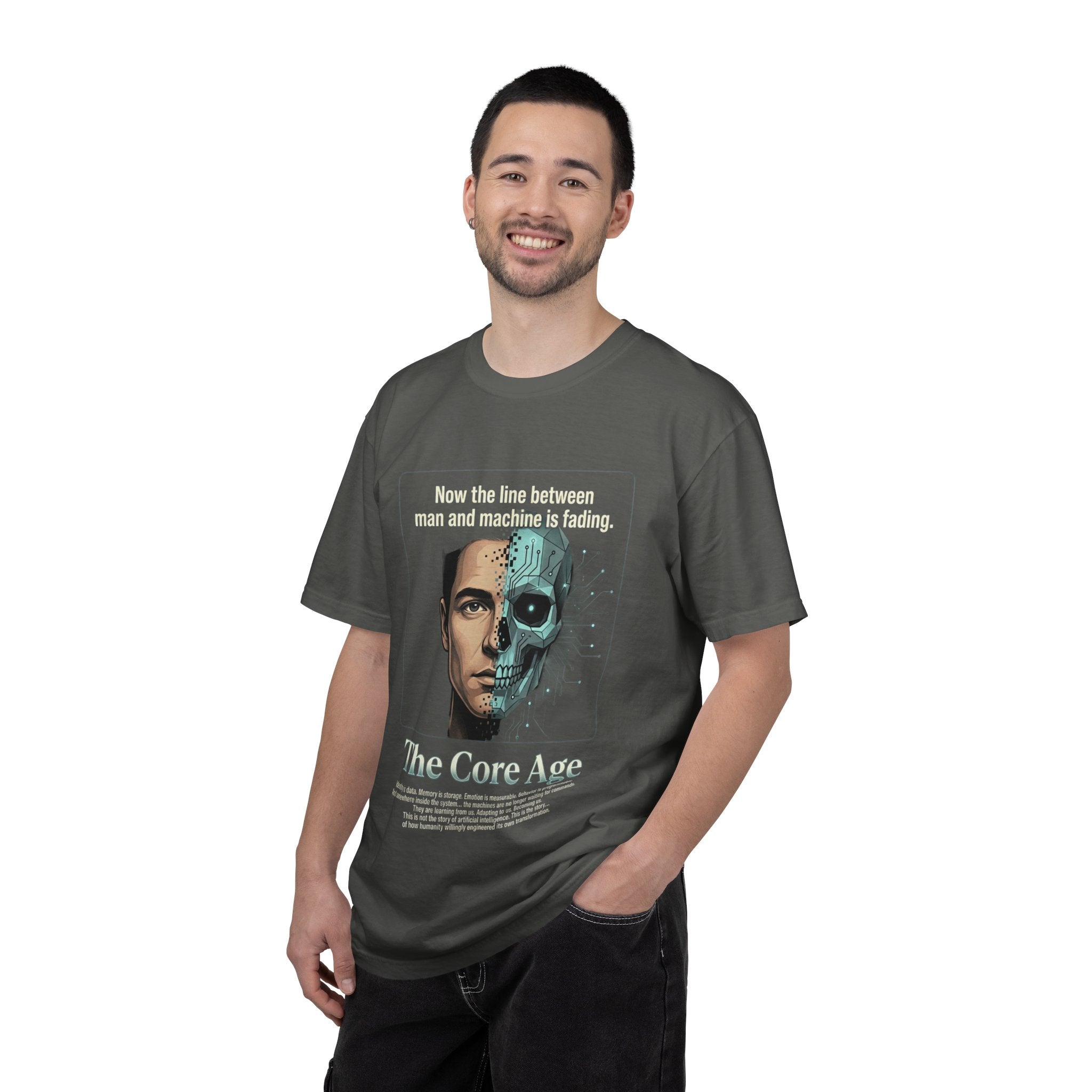 Power Runs Black AI Fusion Graphic T-Shirt — "The Core Age" Split Face Design by Power Runs Black