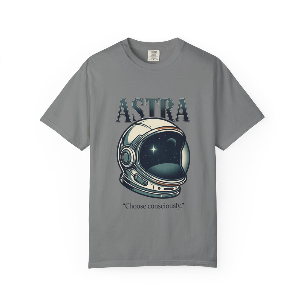 Power Runs Black Astra Astronaut Helmet T-Shirt — "Choose Consciously" Space Graphic Tee by Power Runs Black