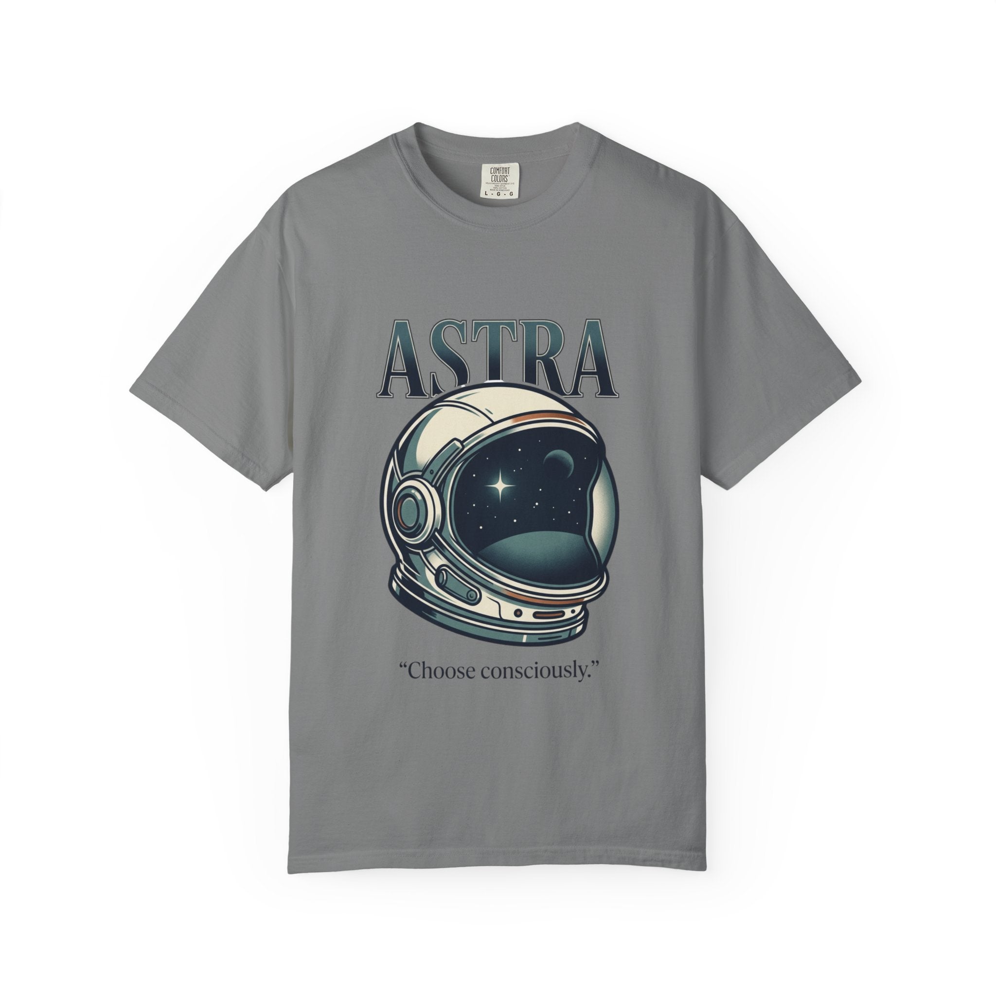 Power Runs Black Astra Astronaut Helmet T-Shirt — "Choose Consciously" Space Graphic Tee by Power Runs Black