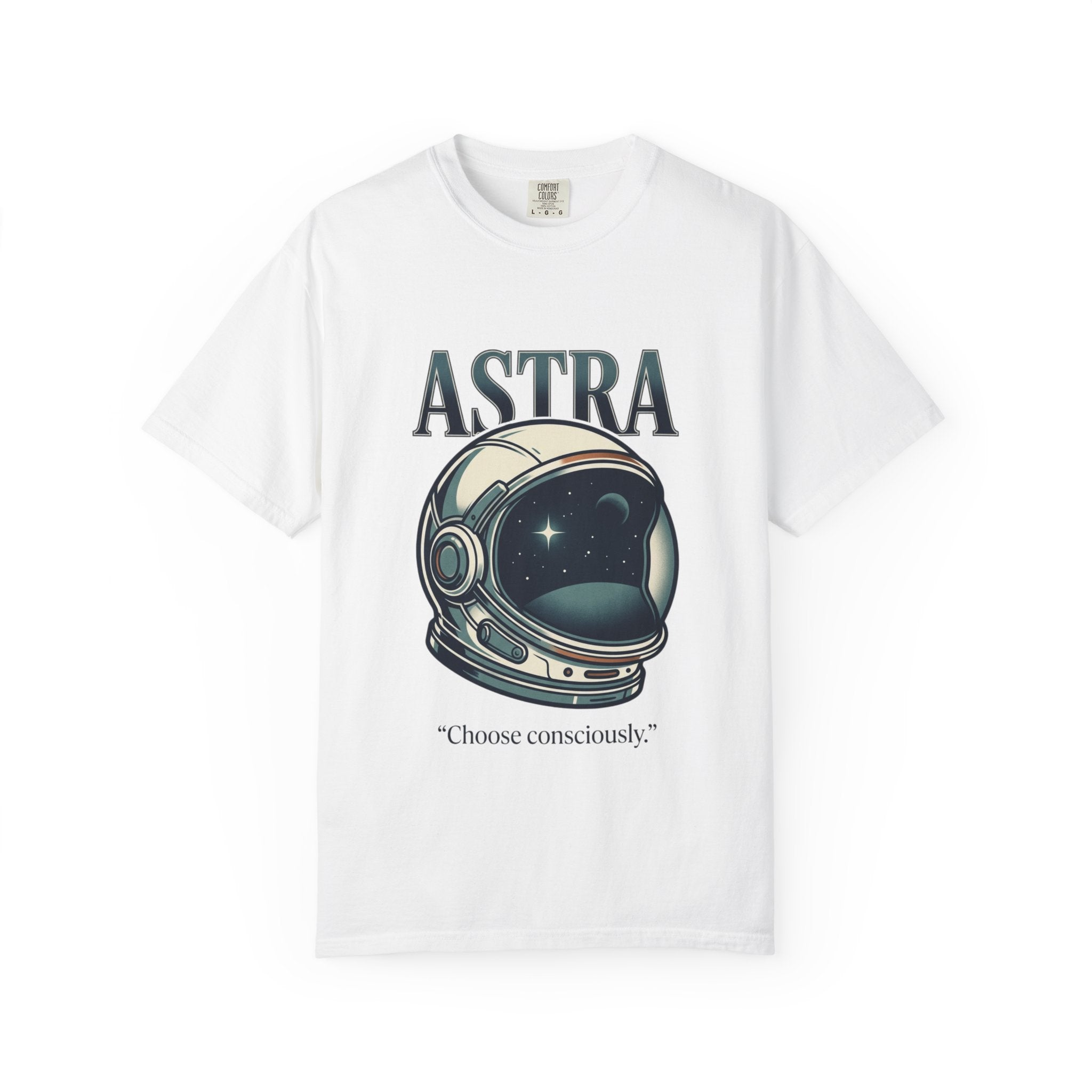 Power Runs Black Astra Astronaut Helmet T-Shirt — "Choose Consciously" Space Graphic Tee by Power Runs Black