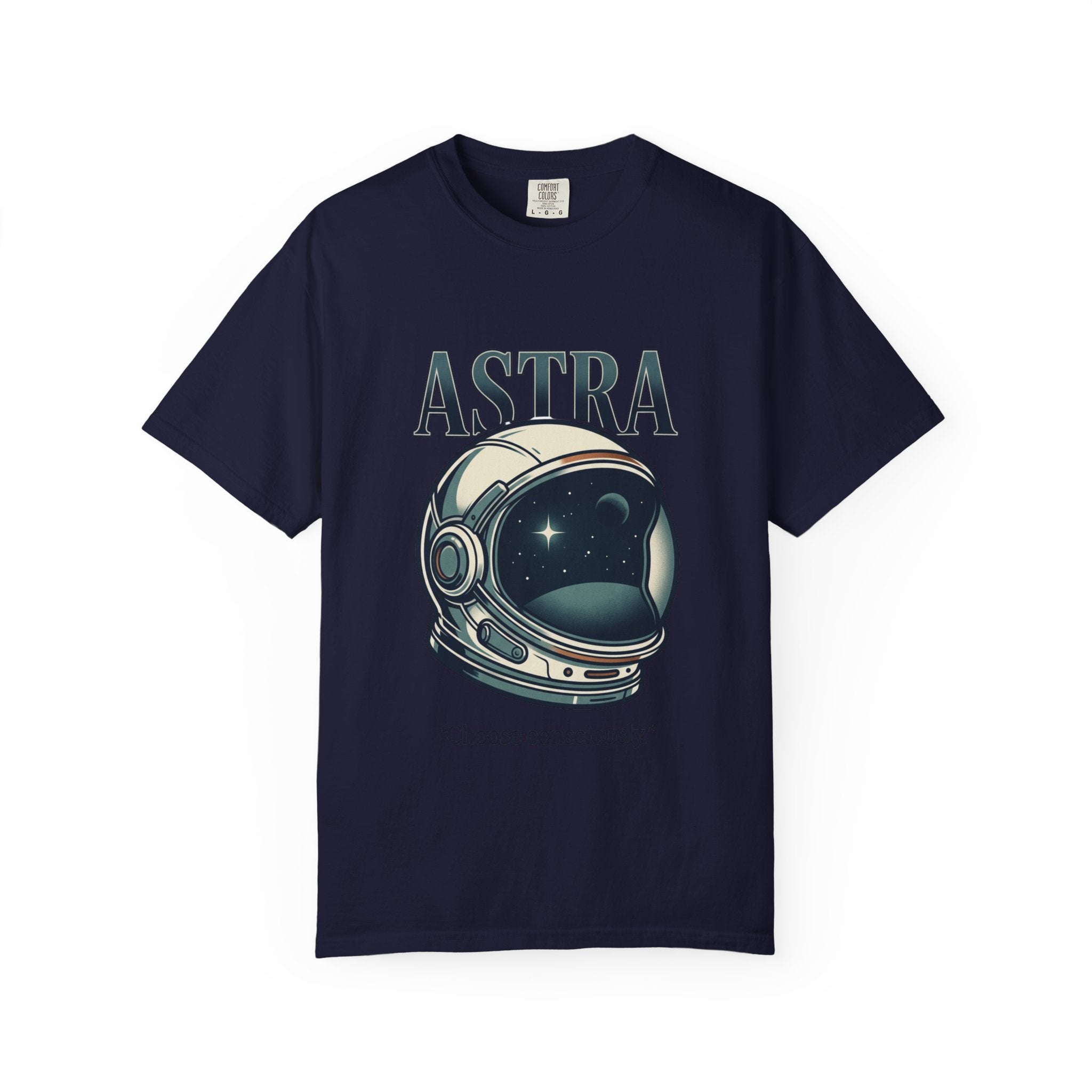 Power Runs Black Astra Astronaut Helmet T-Shirt — "Choose Consciously" Space Graphic Tee by Power Runs Black
