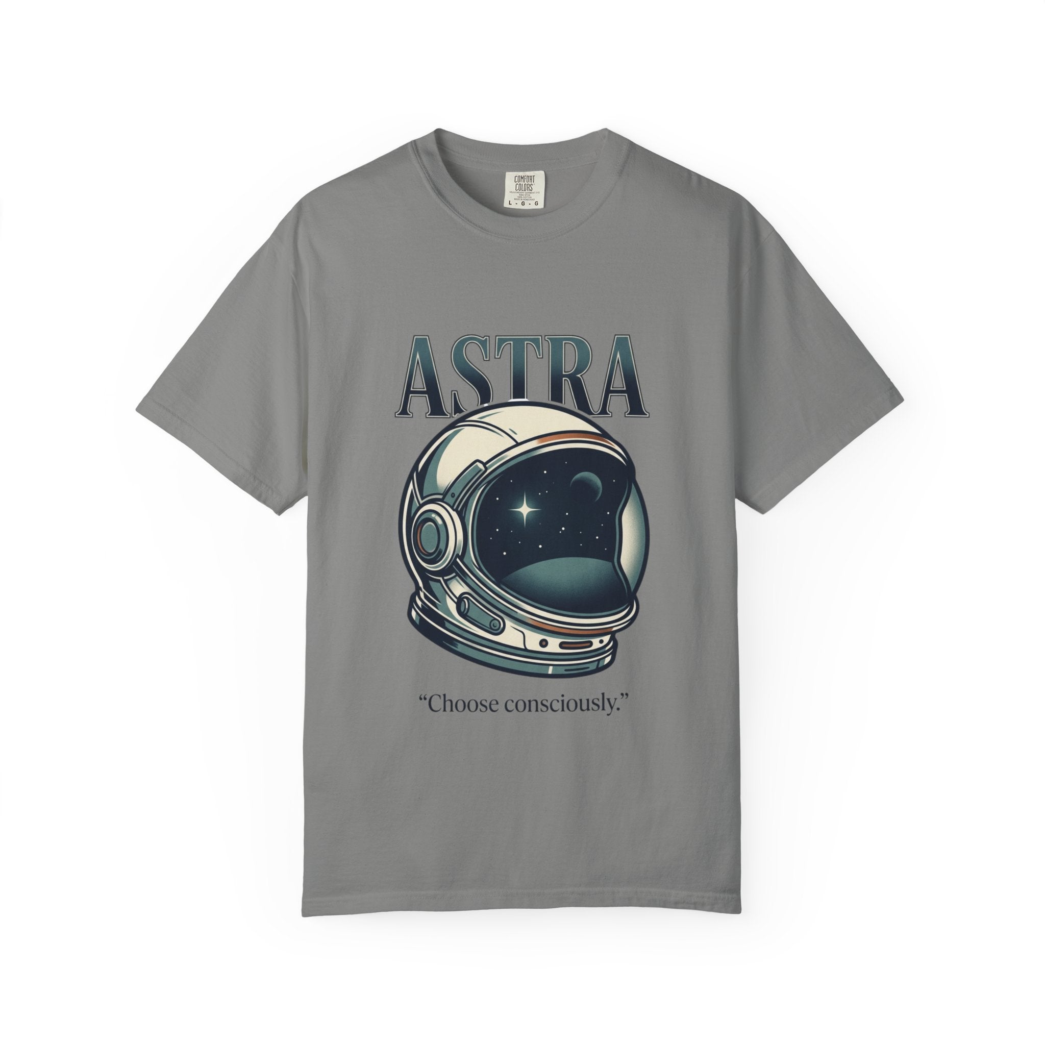 Power Runs Black Astra Astronaut Helmet T-Shirt — "Choose Consciously" Space Graphic Tee by Power Runs Black