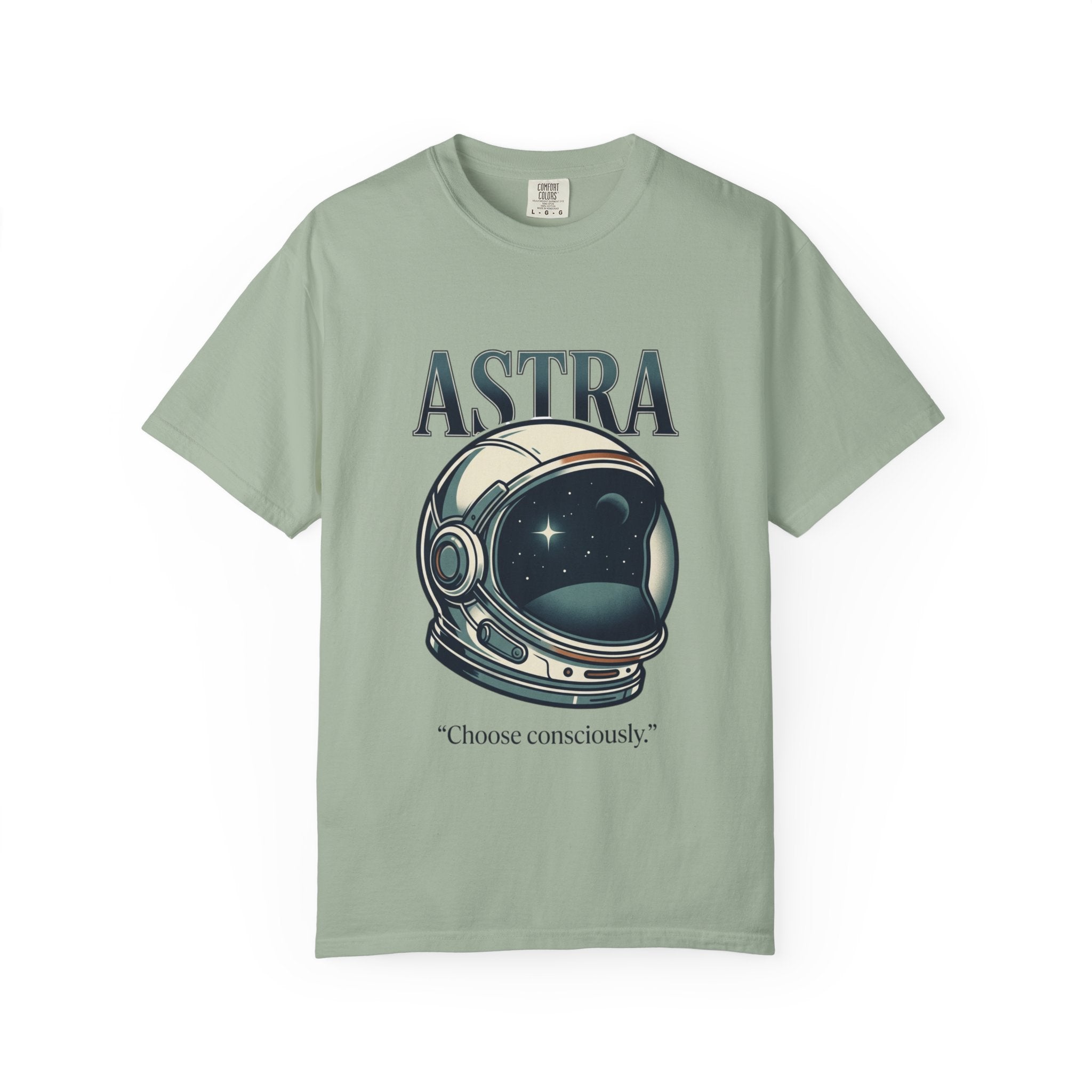 Power Runs Black Astra Astronaut Helmet T-Shirt — "Choose Consciously" Space Graphic Tee by Power Runs Black