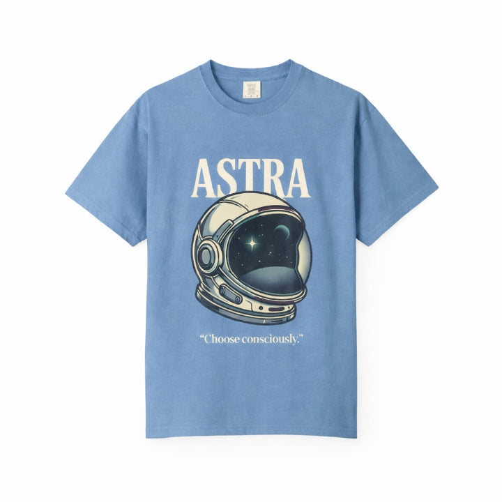 Power Runs Black Astra Astronaut Helmet T-Shirt — "Choose Consciously" Space Graphic Tee by Power Runs Black