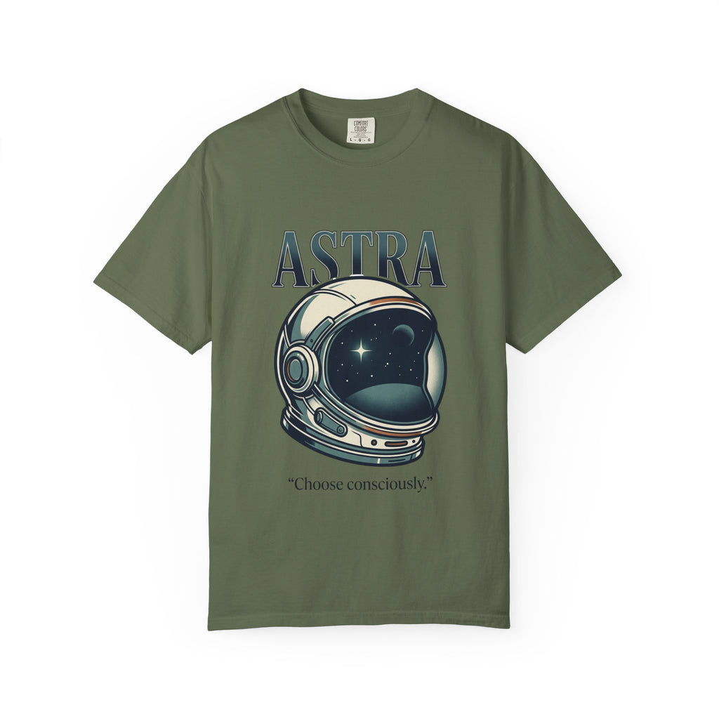 Power Runs Black Astra Astronaut Helmet T-Shirt — "Choose Consciously" Space Graphic Tee by Power Runs Black