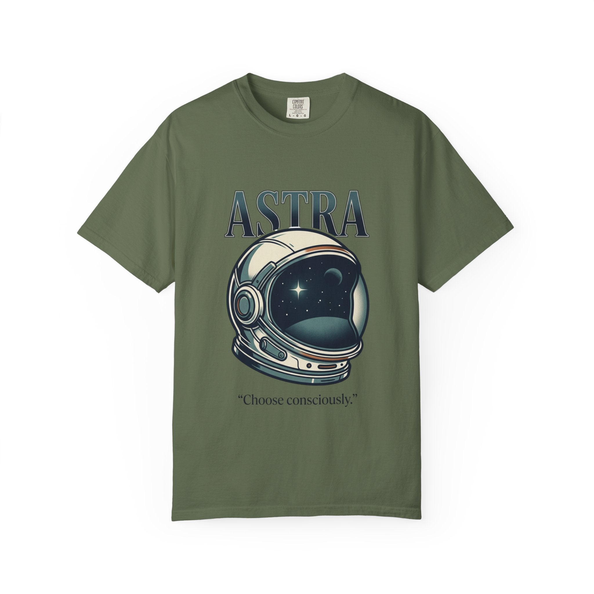 Power Runs Black Astra Astronaut Helmet T-Shirt — "Choose Consciously" Space Graphic Tee by Power Runs Black
