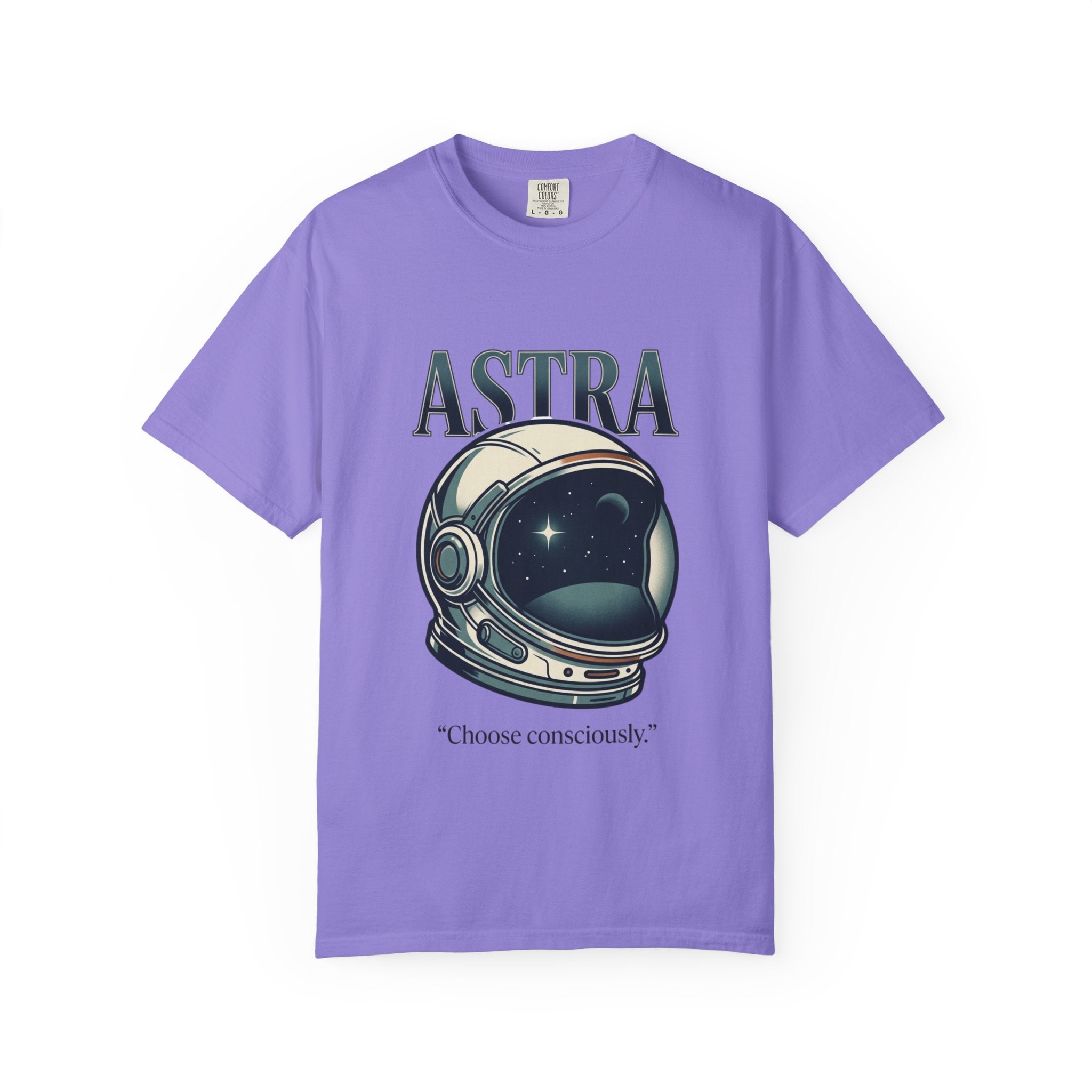Power Runs Black Astra Astronaut Helmet T-Shirt — "Choose Consciously" Space Graphic Tee by Power Runs Black