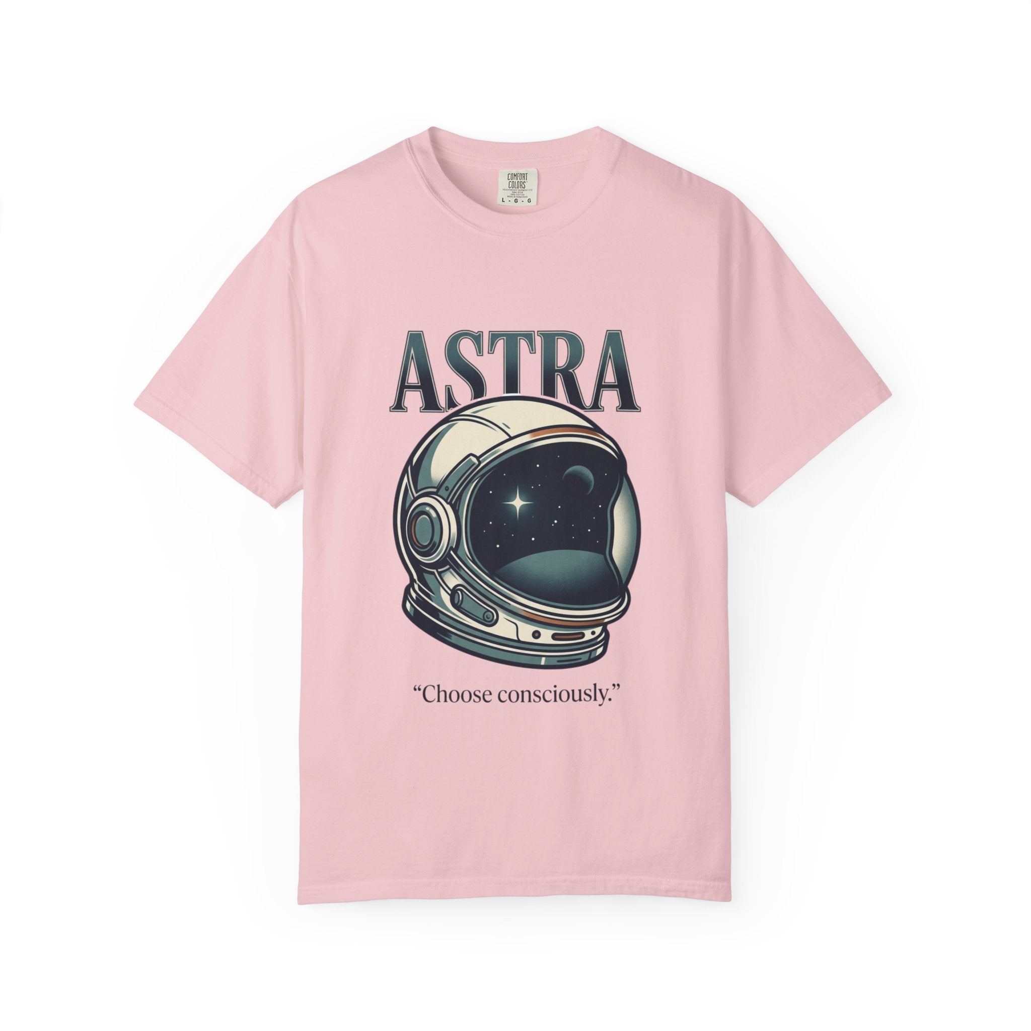 Power Runs Black Astra Astronaut Helmet T-Shirt — "Choose Consciously" Space Graphic Tee by Power Runs Black