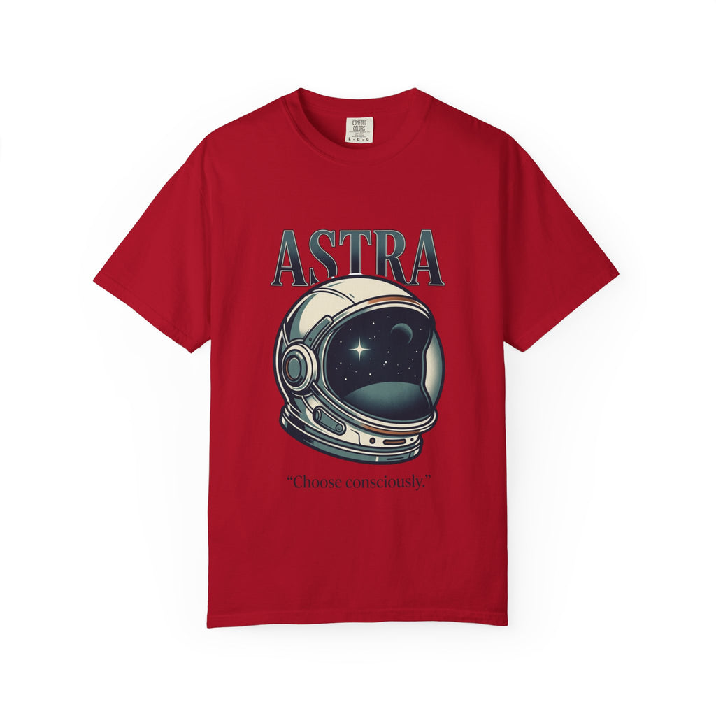 Power Runs Black Astra Astronaut Helmet T-Shirt — "Choose Consciously" Space Graphic Tee by Power Runs Black
