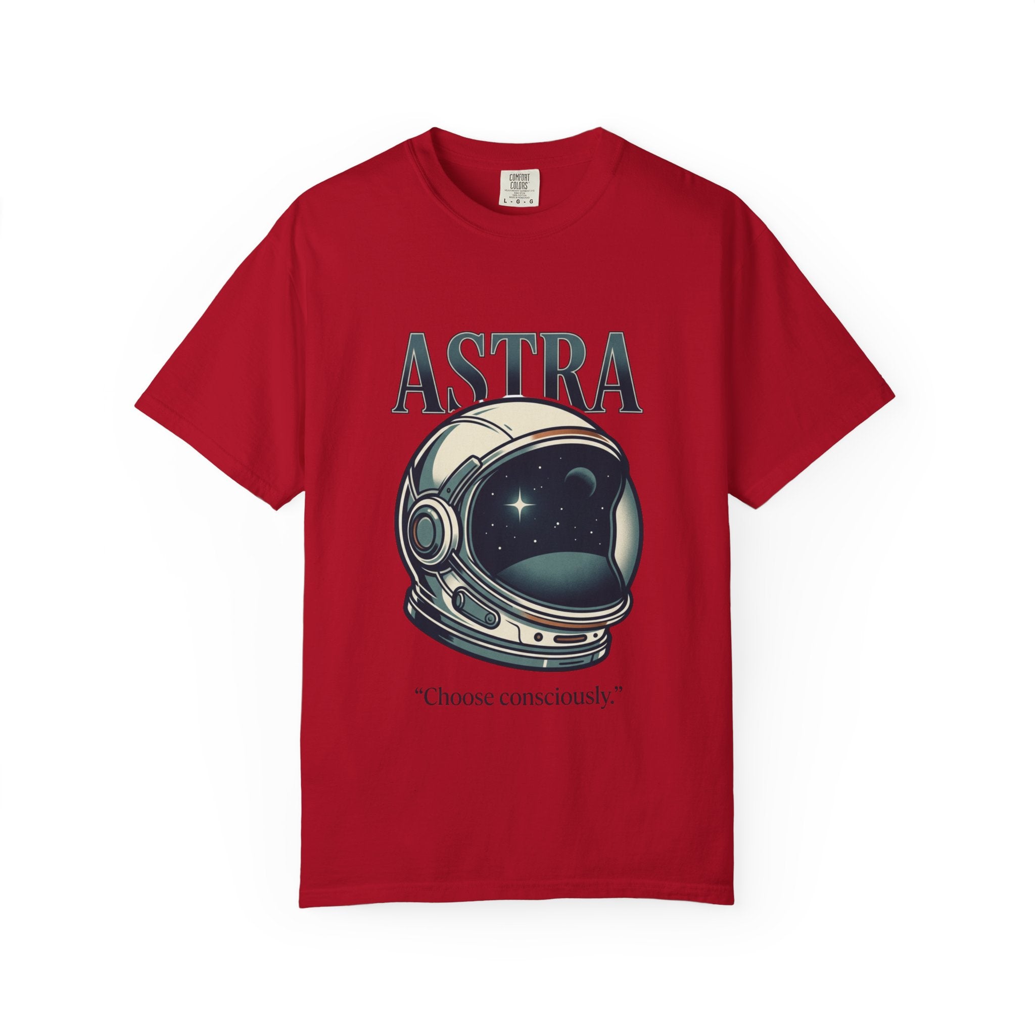 Power Runs Black Astra Astronaut Helmet T-Shirt — "Choose Consciously" Space Graphic Tee by Power Runs Black