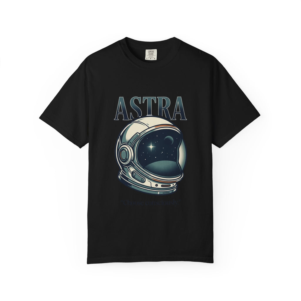 Power Runs Black Astra Astronaut Helmet T-Shirt — "Choose Consciously" Space Graphic Tee by Power Runs Black