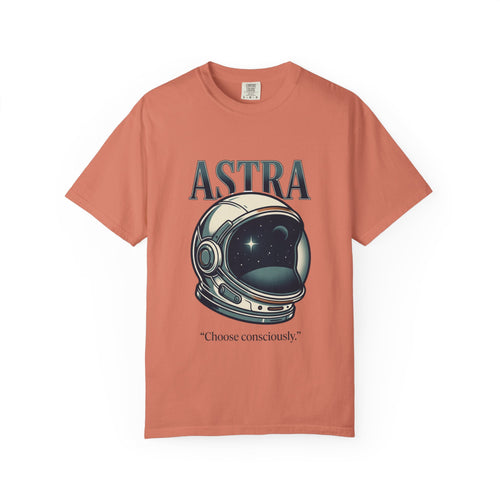 Power Runs Black Astra Astronaut Helmet T-Shirt — "Choose Consciously" Space Graphic Tee by Power Runs Black